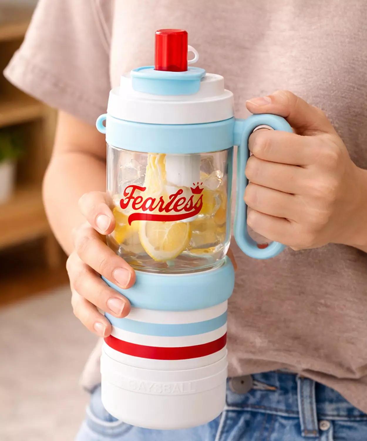 Light Blue White 4 In One Water Bottle, Infuser & Mini Snack Box- 1000Ml