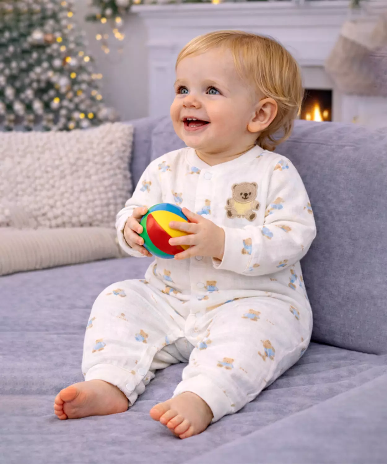 Cream Teddy All-Over Print, Full Sleeves Jumpsuit Hoodie Romper