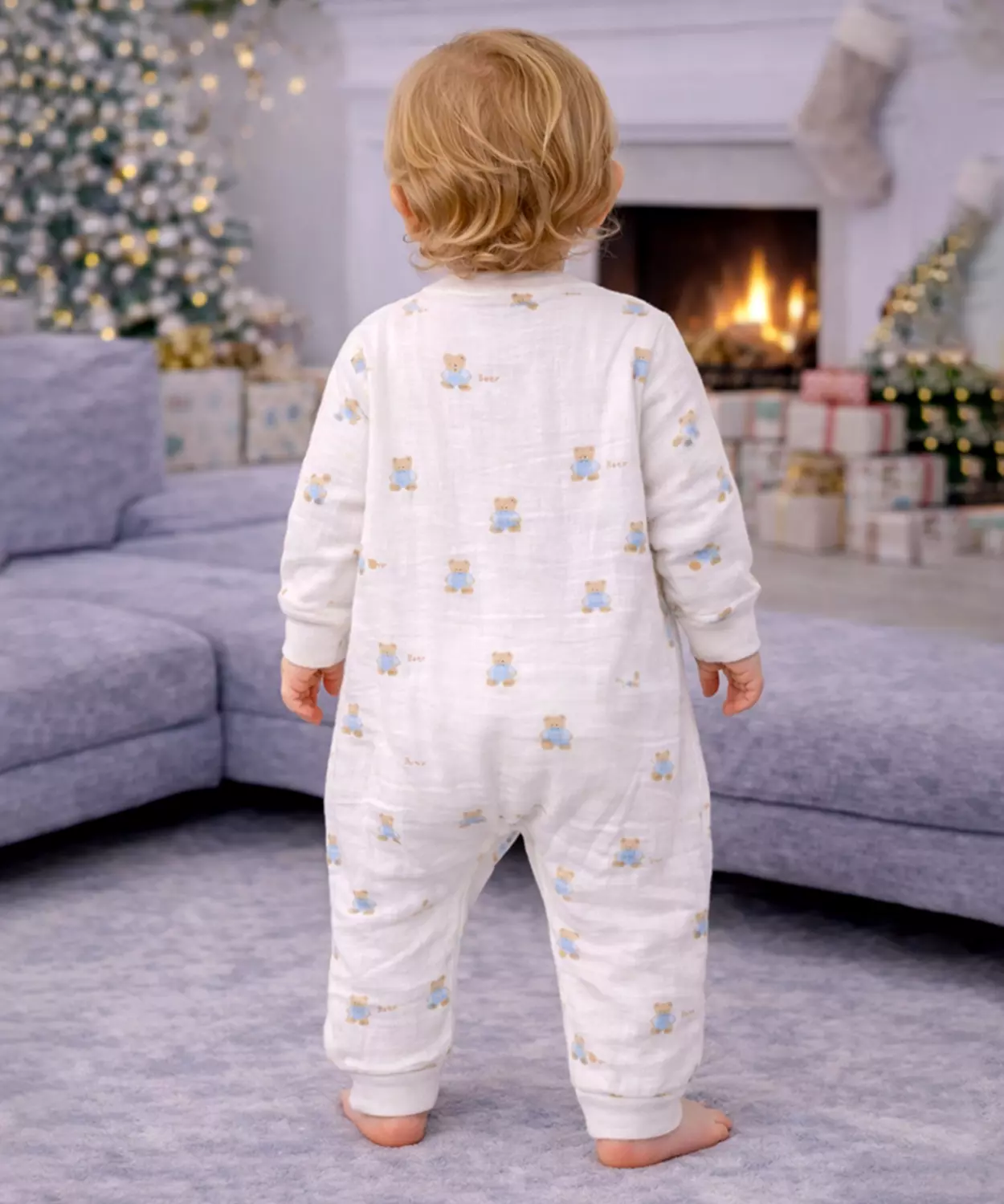 Cream Teddy All-Over Print, Full Sleeves Jumpsuit Hoodie Romper