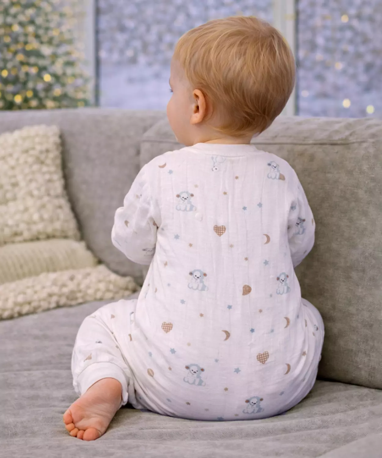 Cream Teddy Heart And Moon, Full Sleeves Jumpsuit Hoodie Romper