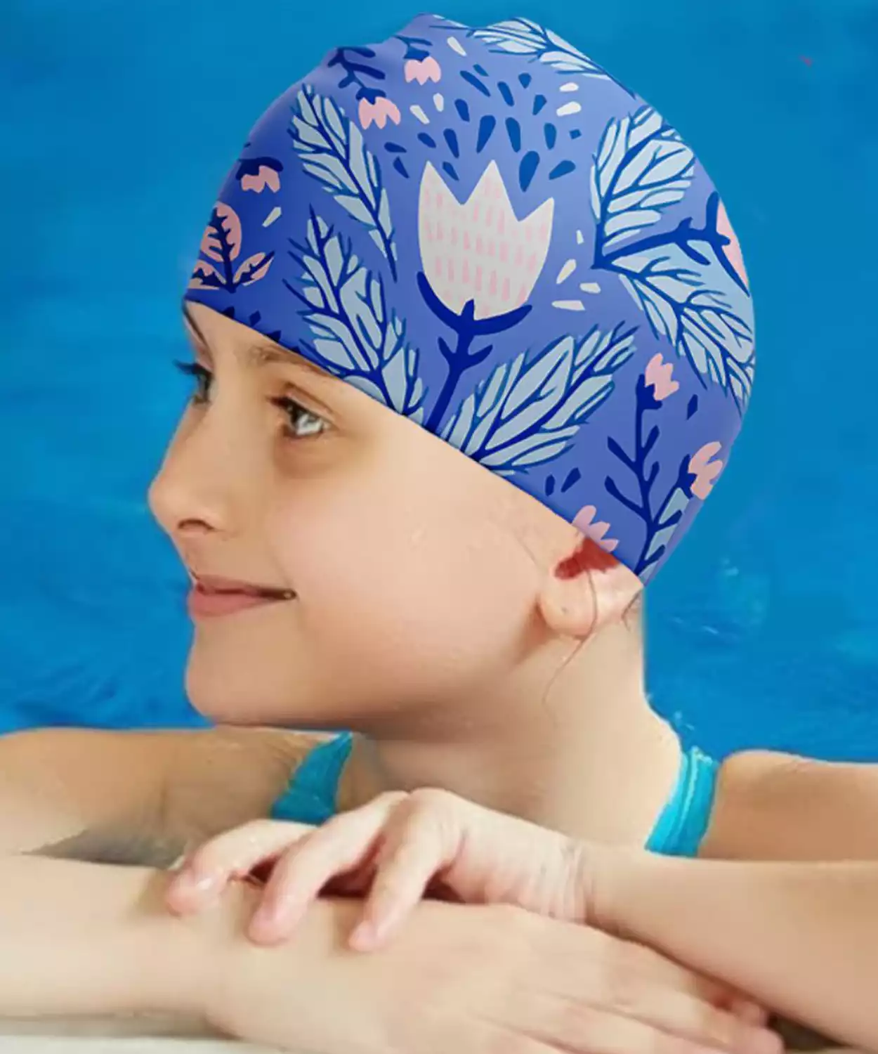 Blue Leaf & Bloom theme Swimming Cap
