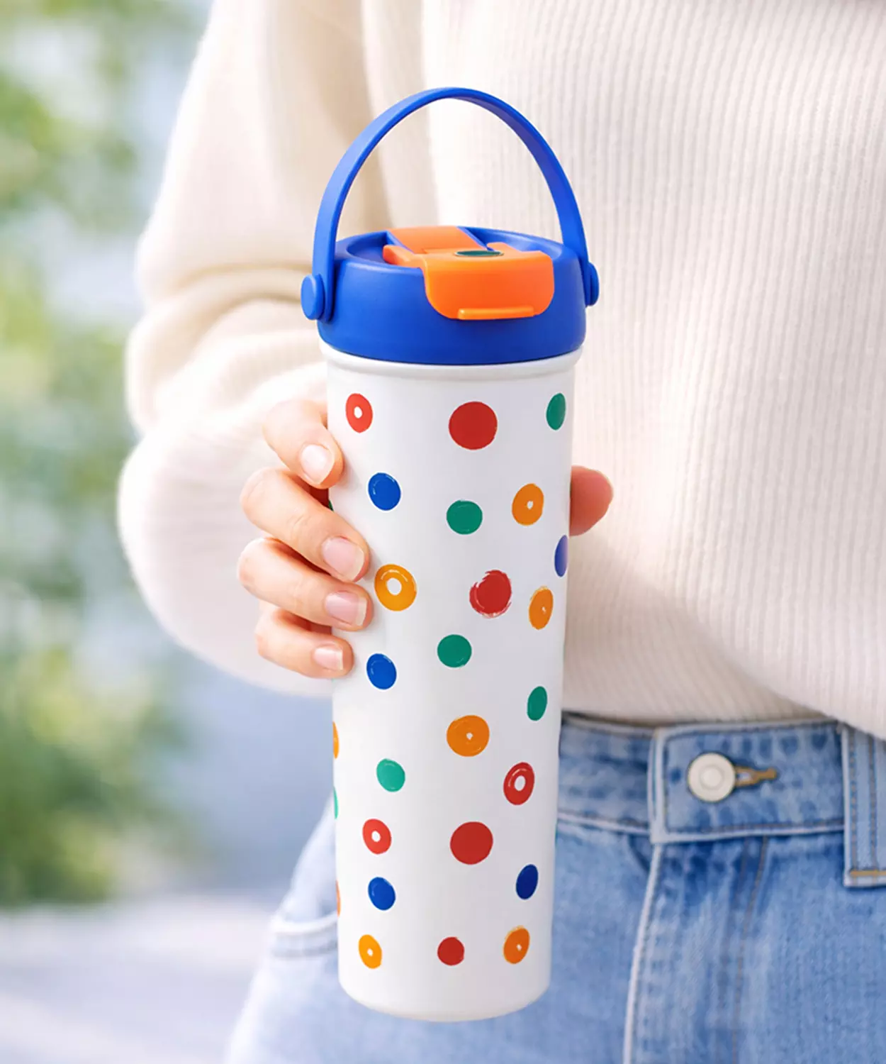 Blue & Multi Polka, Soft Silicone Handle Series, Stainless Steel Tumbler And Water Bottle- 650Ml