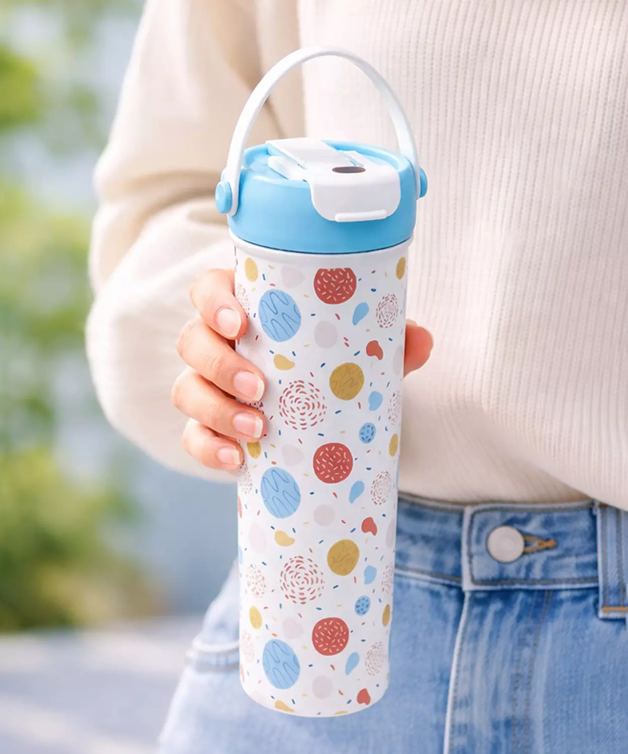 Light Blue & Orange Sprinkles Soft Silicone Handle Series, Stainless Steel Tumbler And Water Bottle- 650 Ml