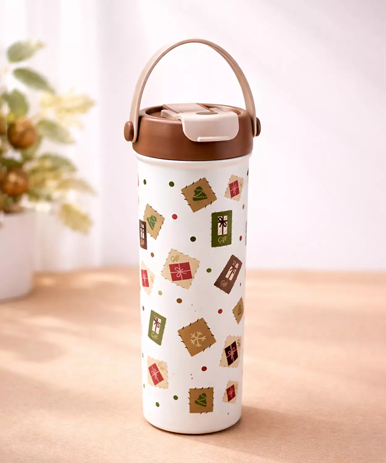 Brown Gift Stamps Soft Silicone Handle Series, Stainless Steel Tumbler And Water Bottle- 650 Ml