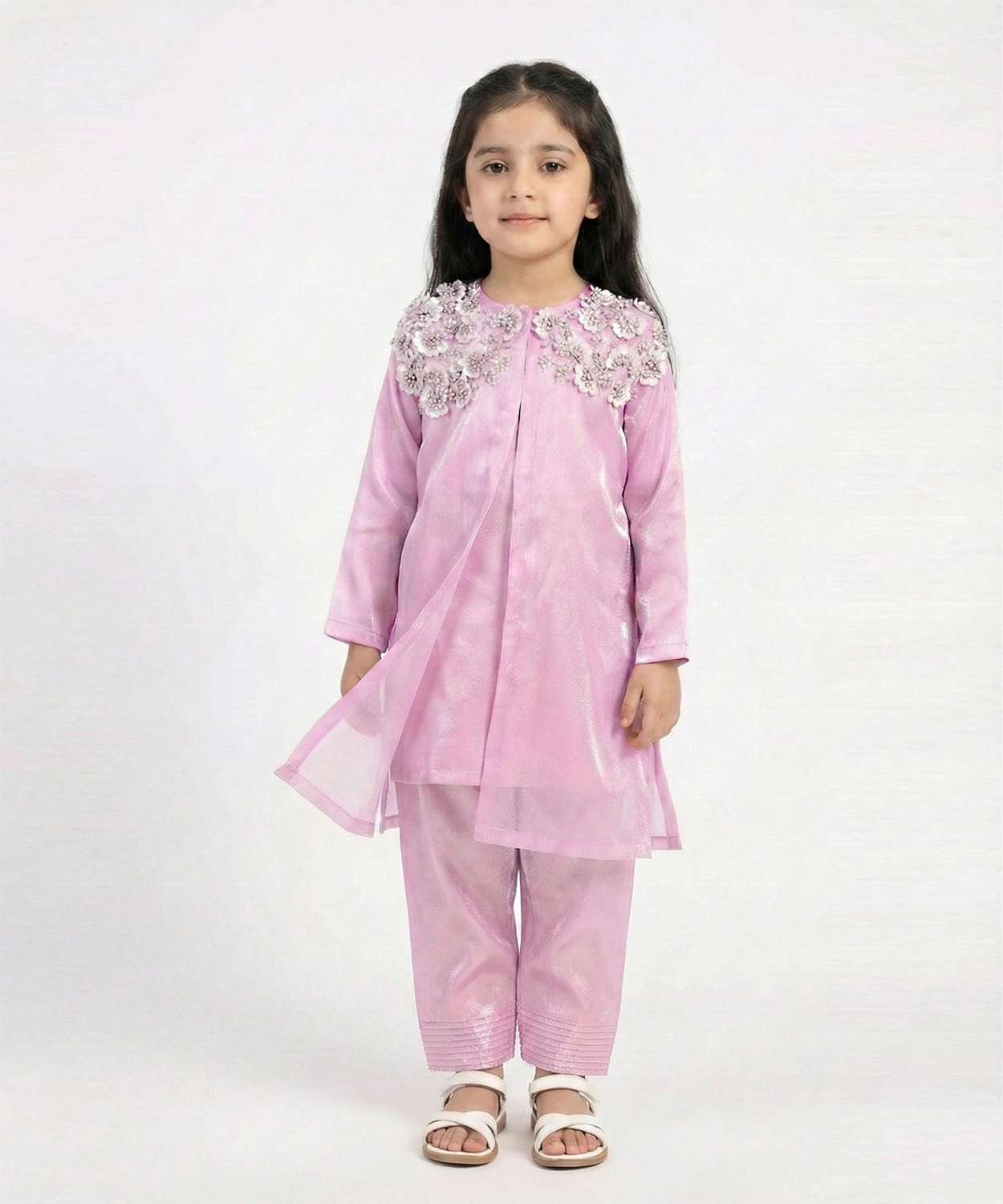 Pearl Handwork Kurta Set with Organza Jacket & Farshi Salwar