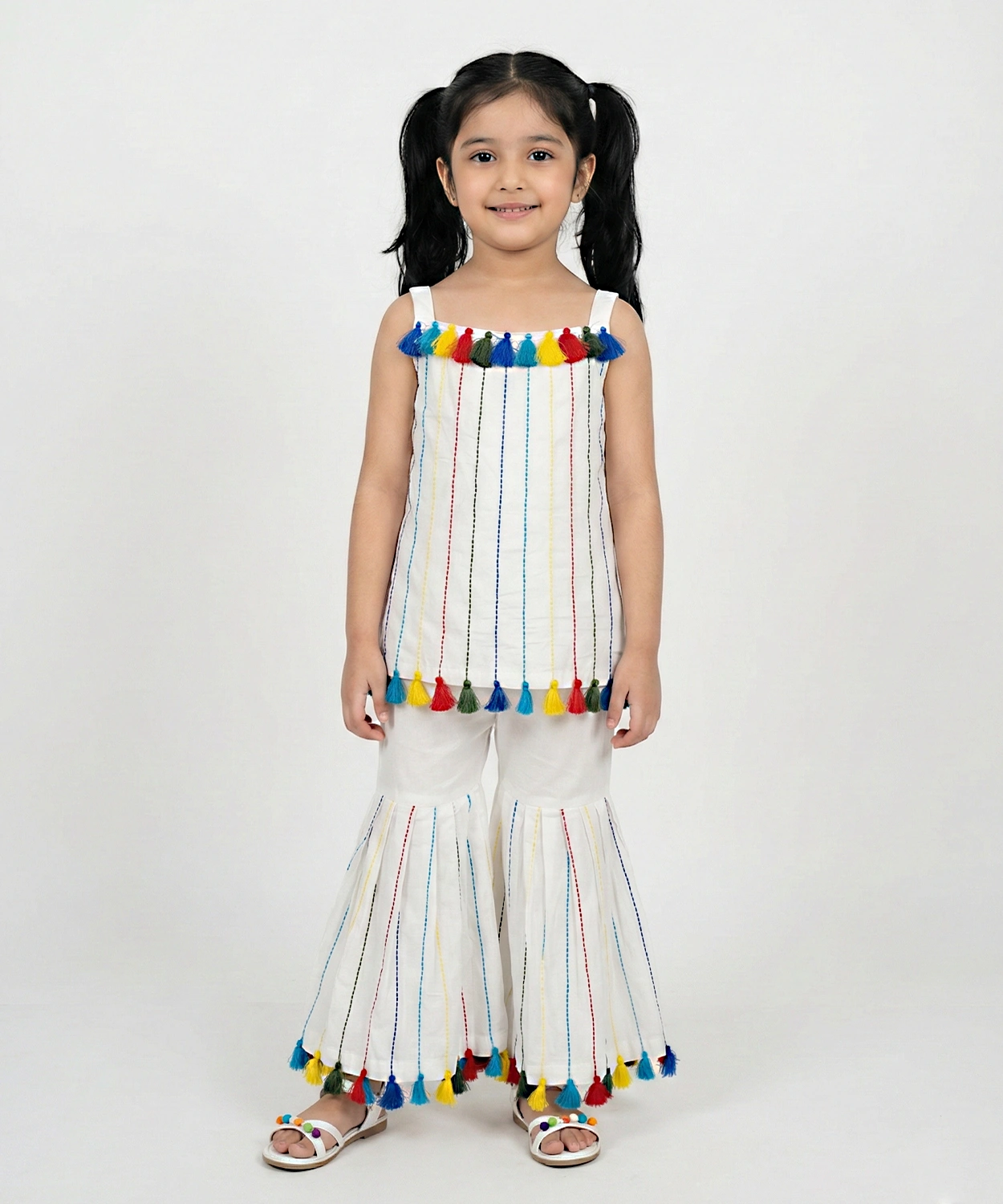 Girls Multicolor Tassel Kurti with Sharara Set