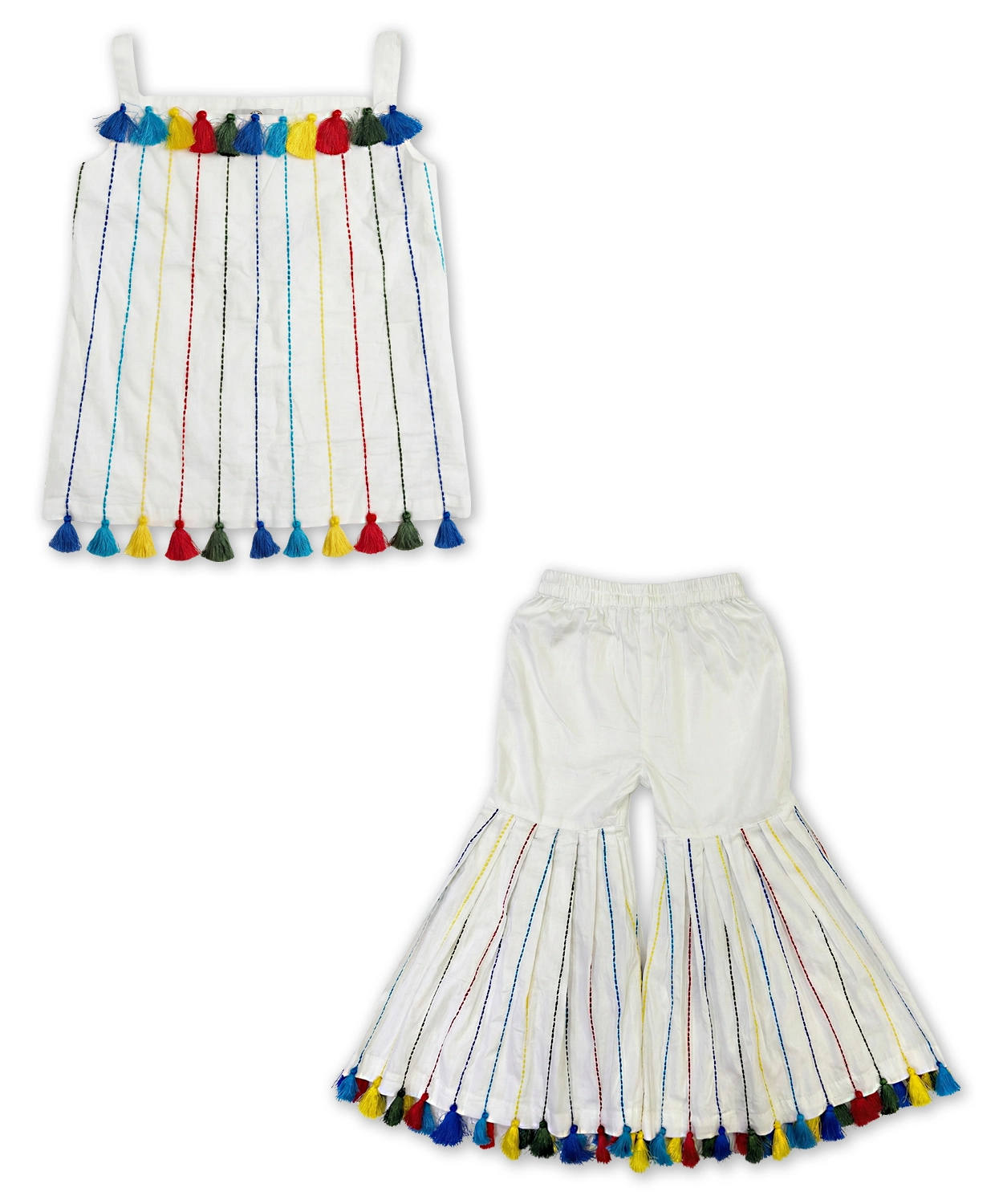 Girls Multicolor Tassel Kurti with Sharara Set