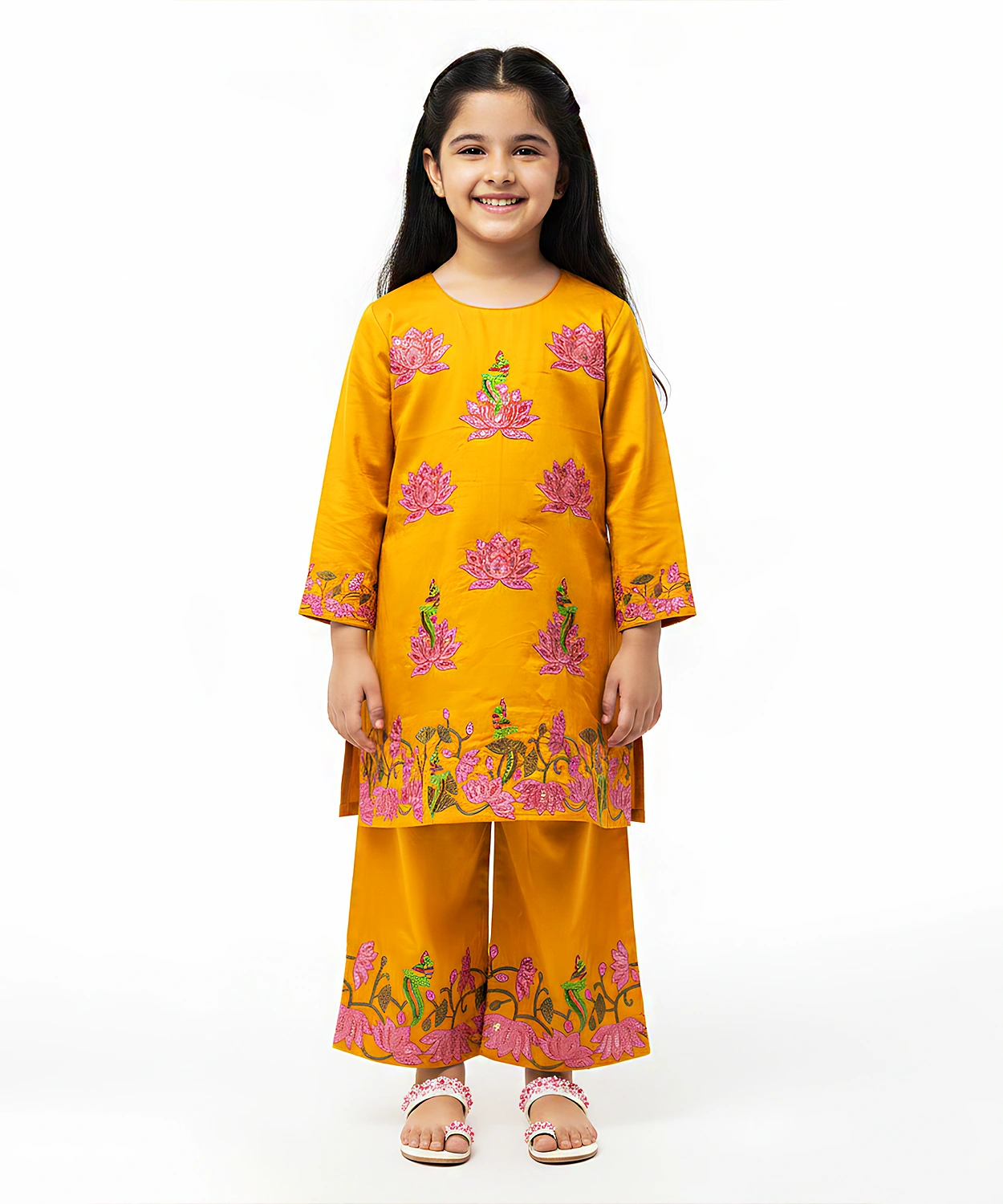 Lotus Embroidered Kurta Set For Girl 