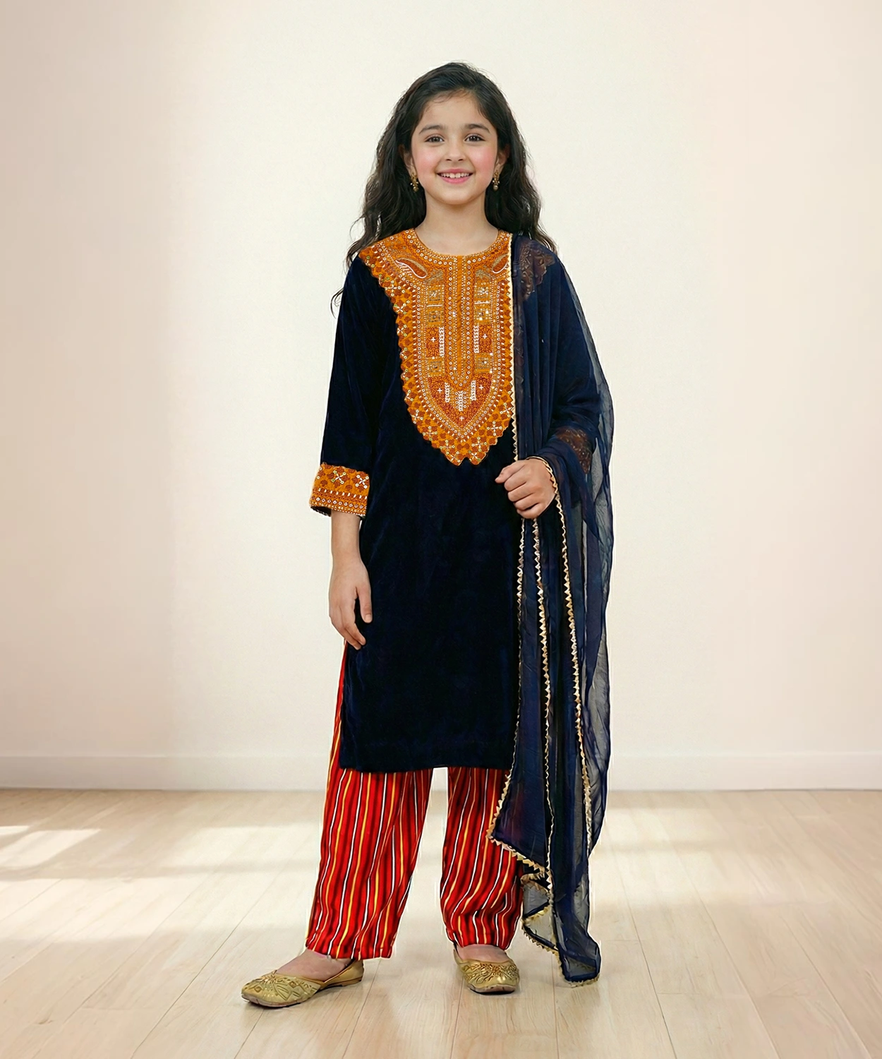 Velvet Embroidered Patch Kurta Set