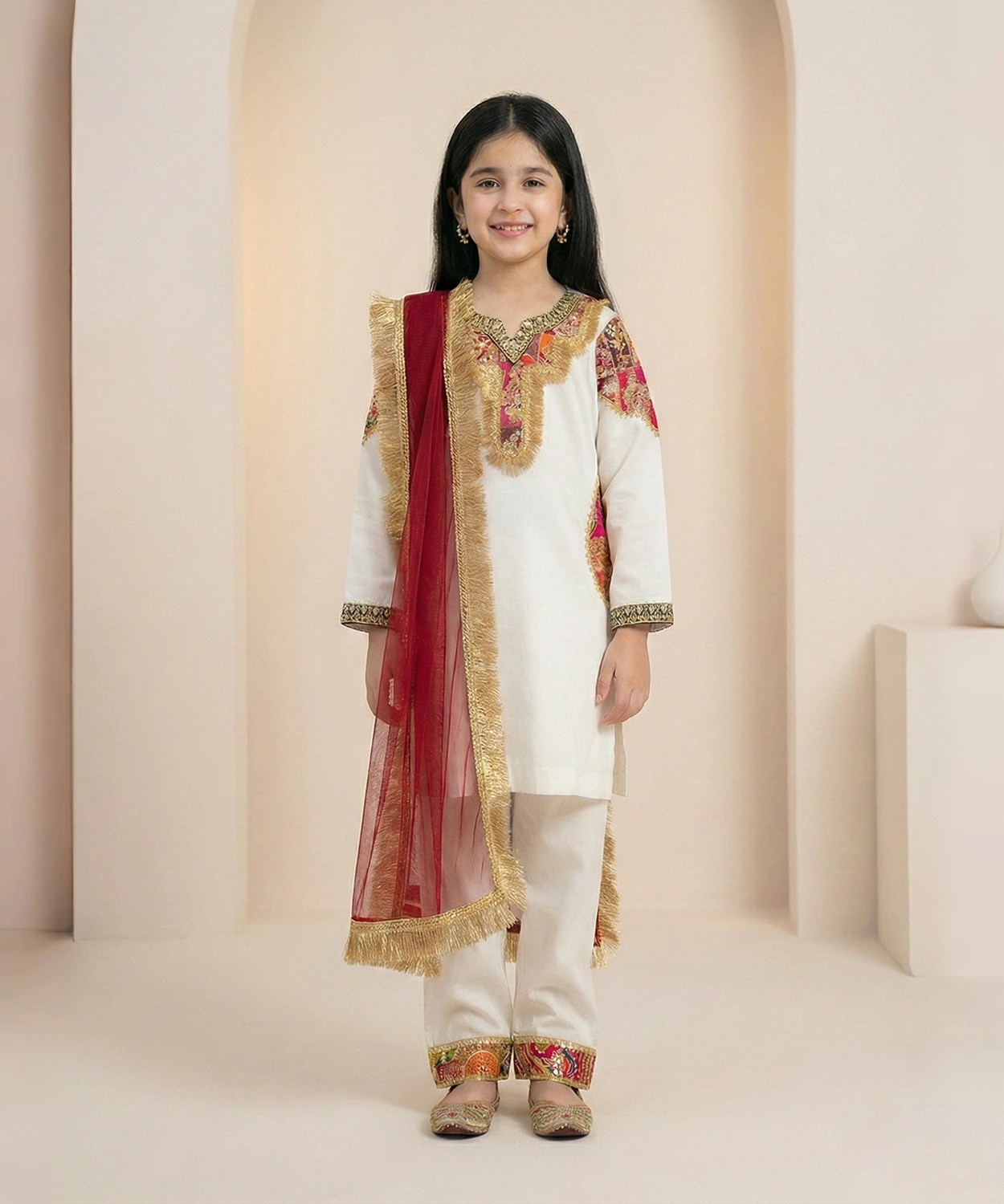 White Embroidery Patch kurta Set With Dupatta