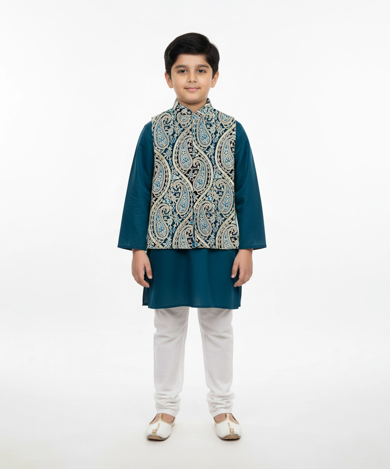 Embroidered Kurta Bundi Set For Boy- Teal