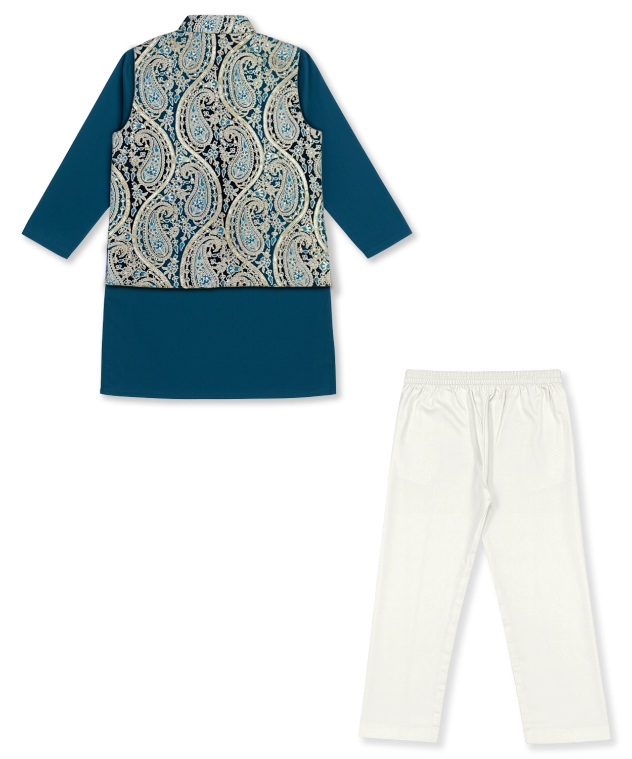 Embroidered Kurta Bundi Set For Boy- Teal