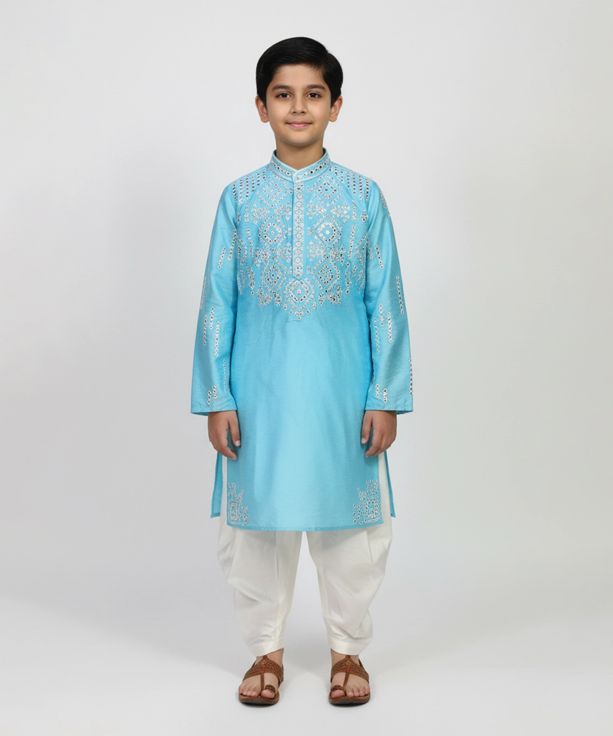 Embroidered Mirror Work Kurta Set For Boy