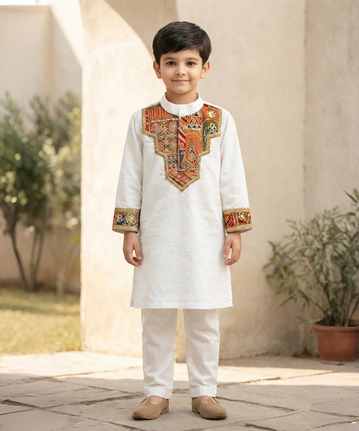 White Embroidery Patch Kurta Set For Boys