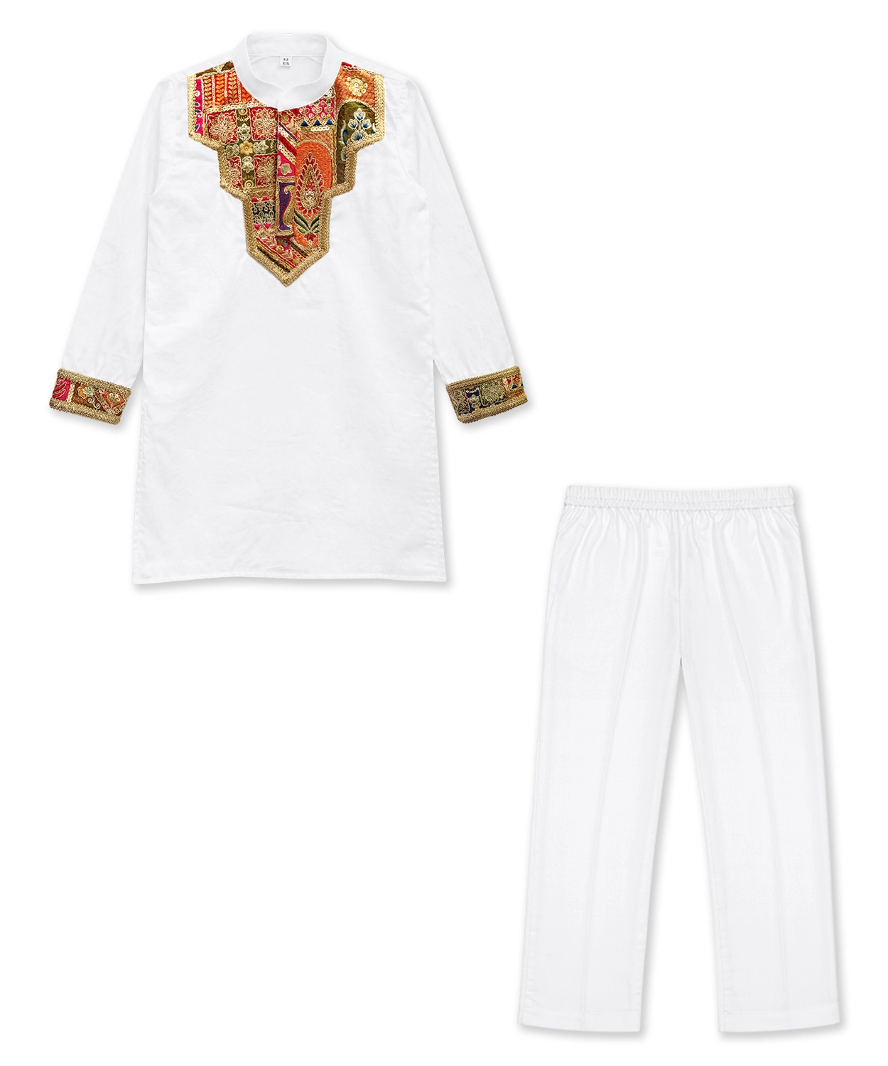 White Embroidery Patch Kurta Set For Boys