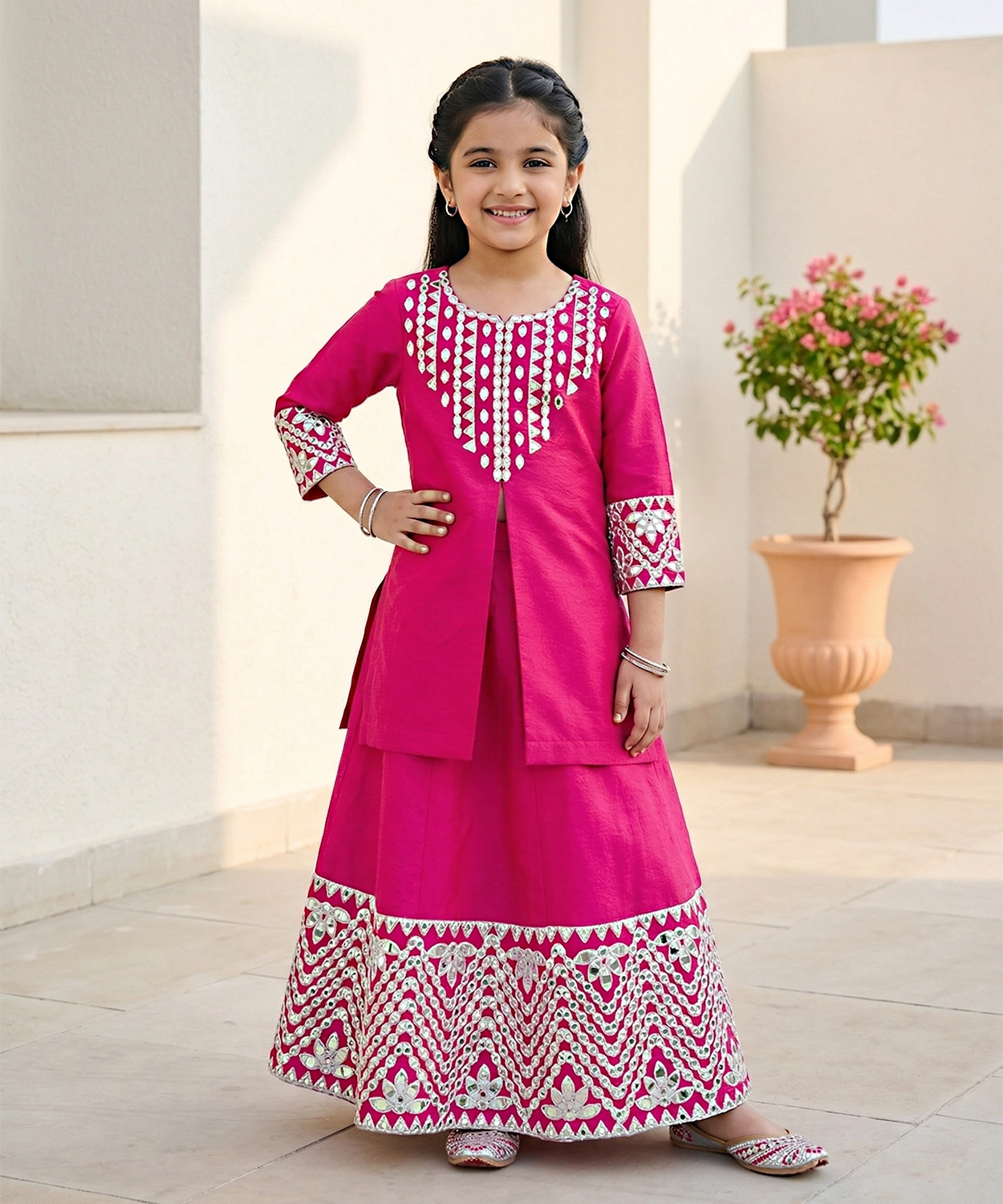 Rani Pink Embroidered Kurta with Skirt Set for Girls