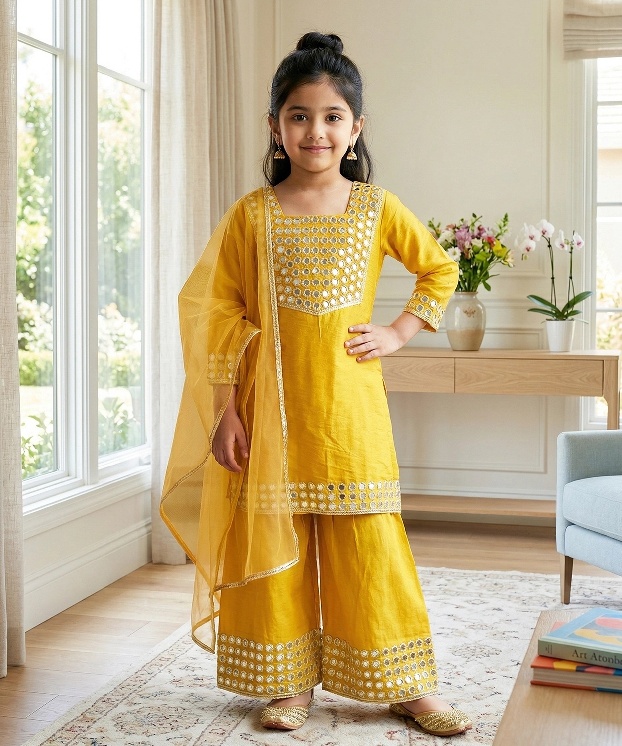 Mustard Yellow Mirror Work Kurta Set With Dupatta