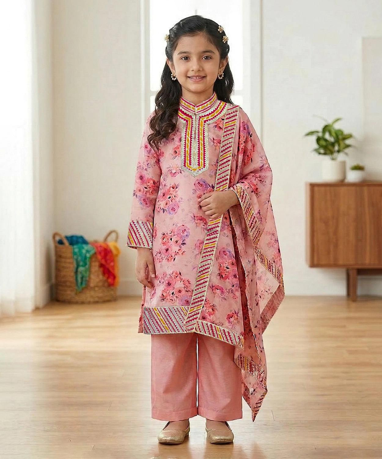 Peach Floral Printed Kurta with Pants Set for Girls