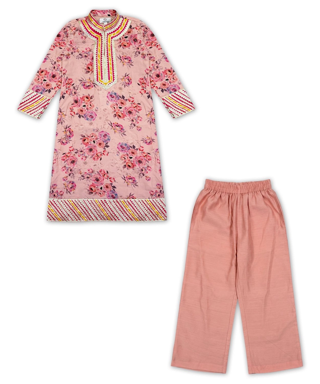 Peach Floral Printed Kurta with Pants Set for Girls