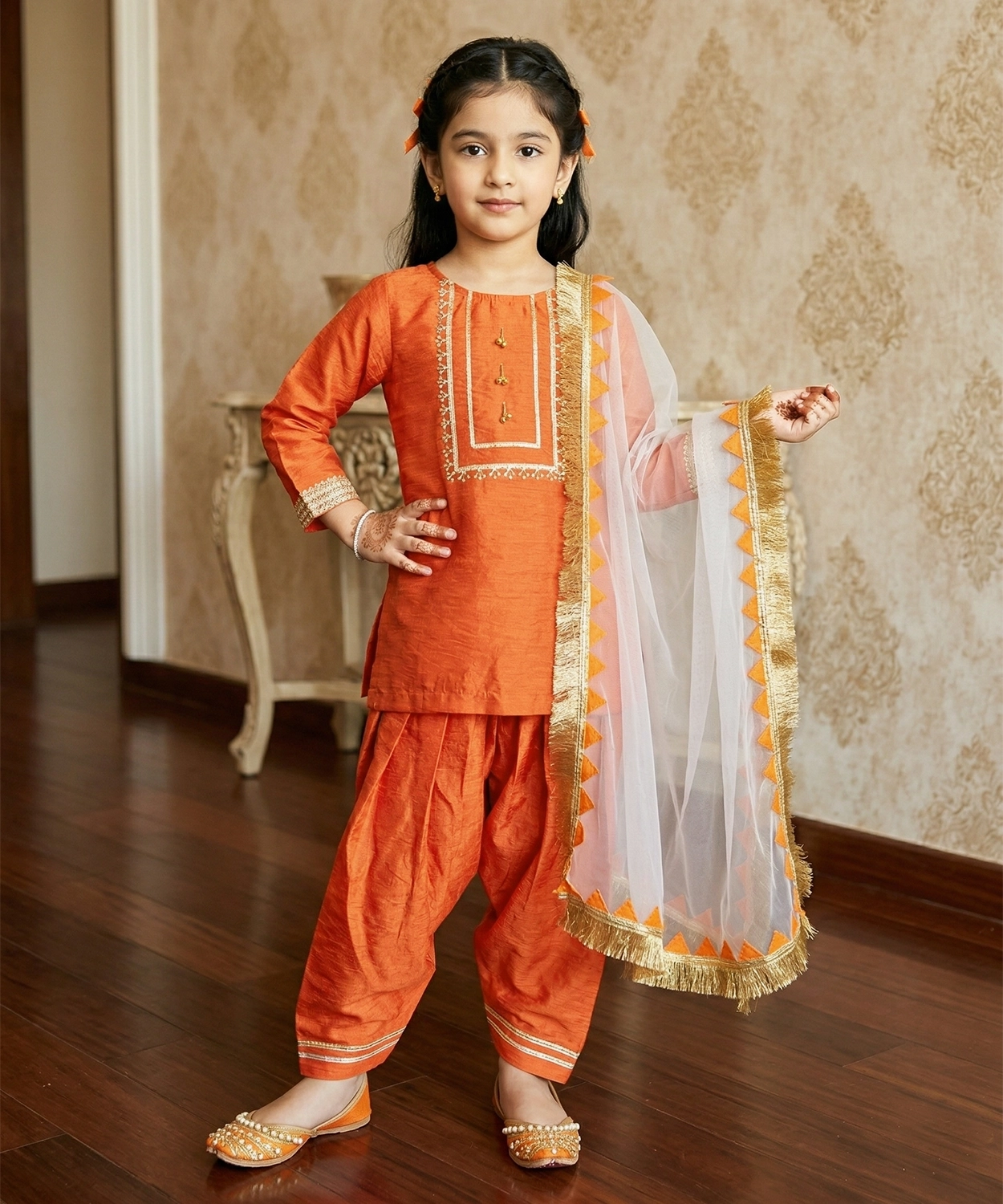 Girls Kesari Kurta Patiala Set with Dupatta