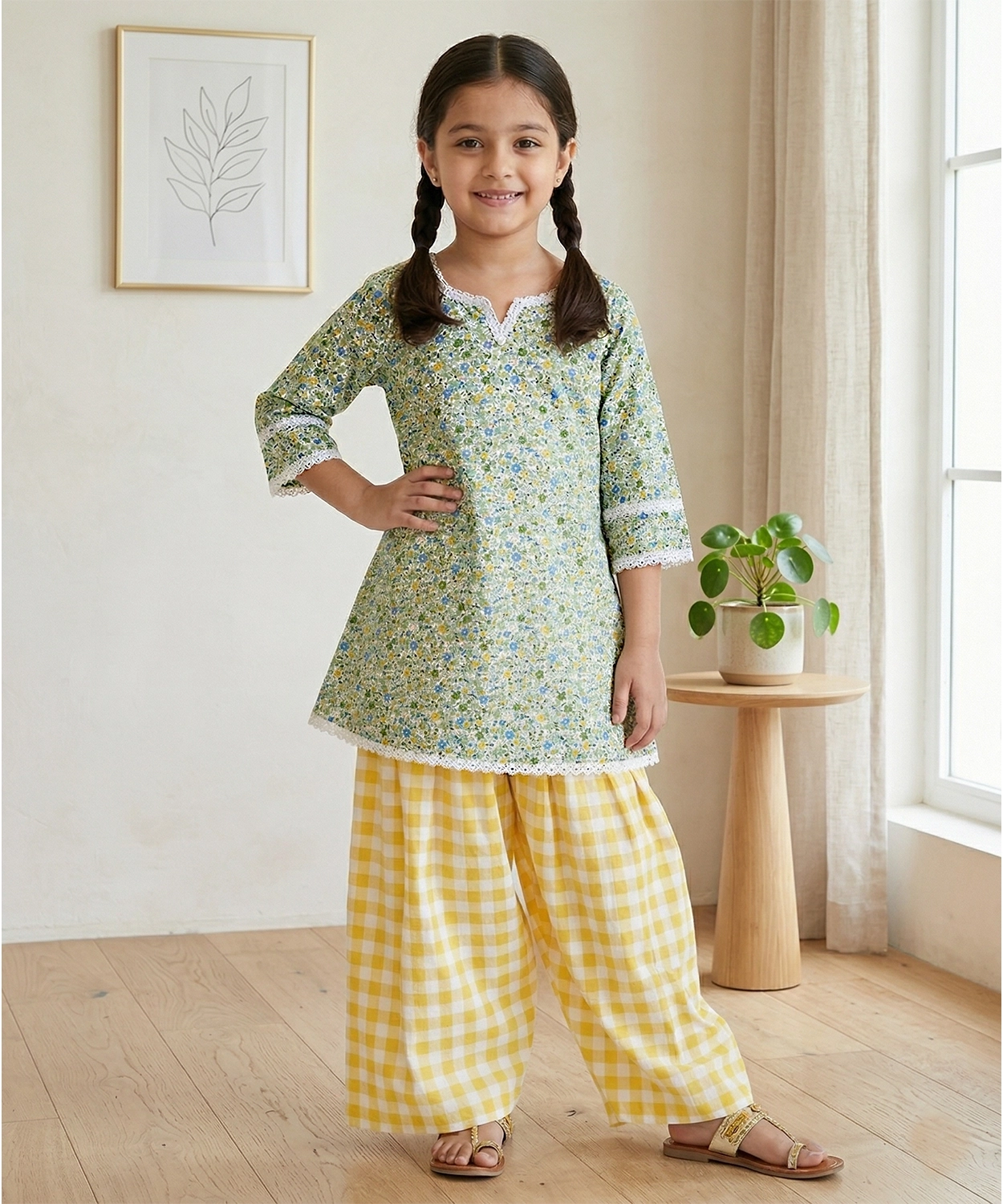 Floral A-line Printed kurta with Yellow Checkered Farshi Salwar Set