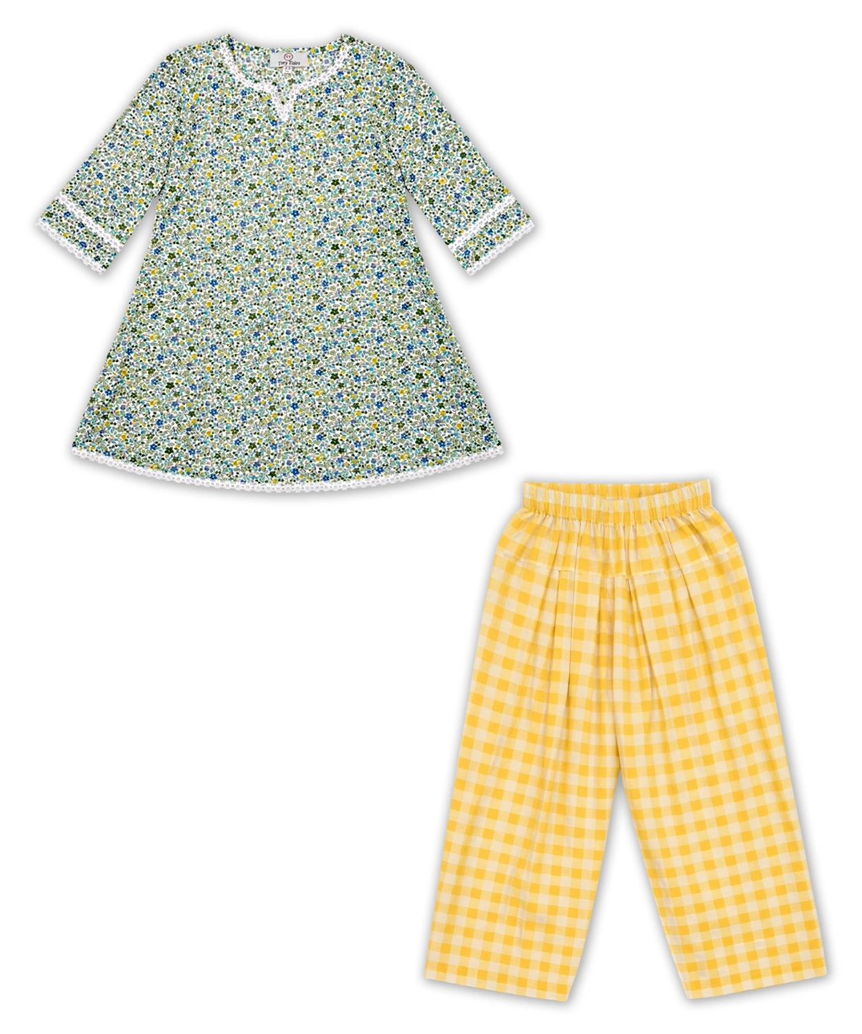 Floral A-line Printed kurta with Yellow Checkered Farshi Salwar Set