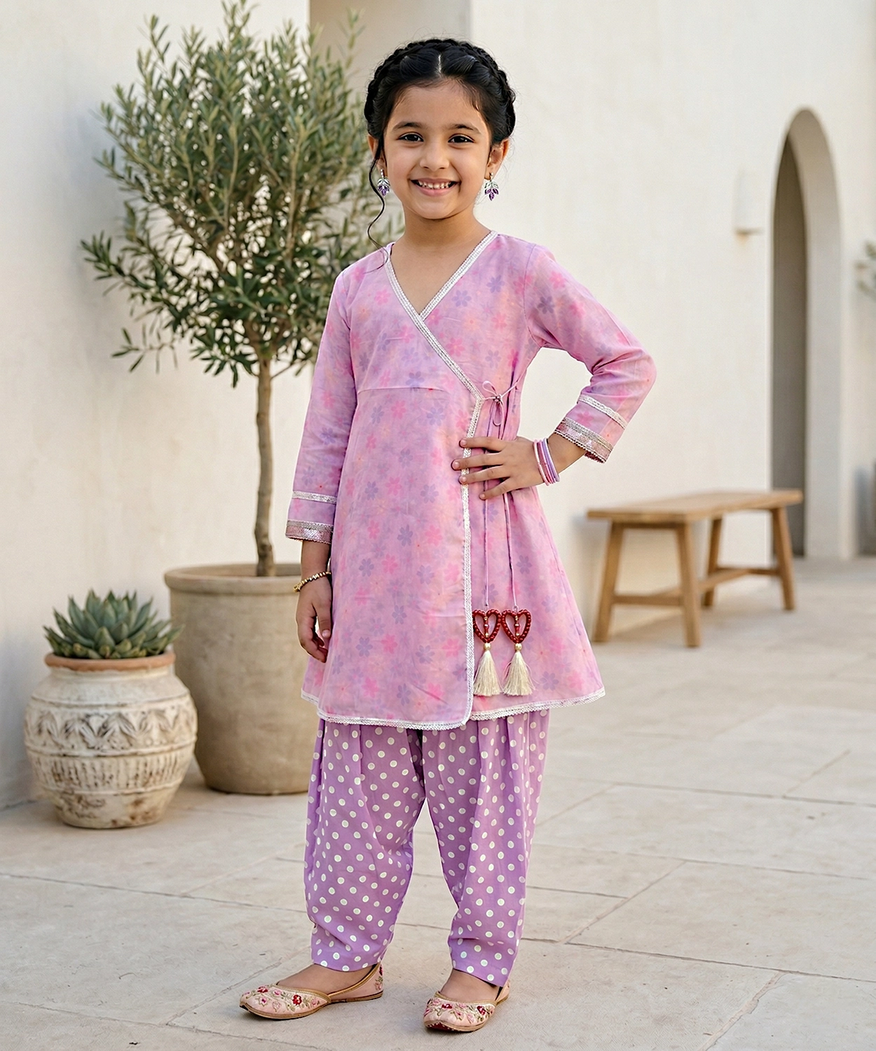 Pink Floral Angrakha Kurta with Polka Dot Farshi Salwar Set for Girls