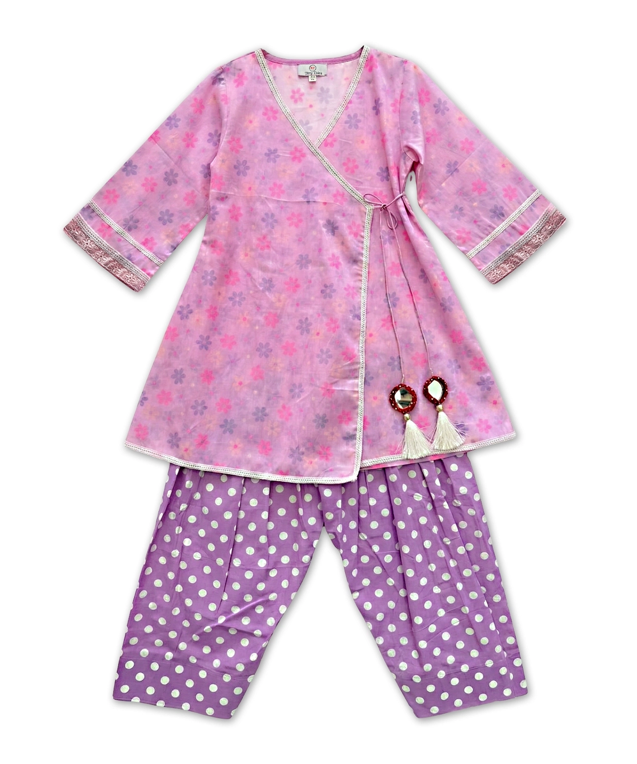 Pink Floral Angrakha Kurta with Polka Dot Farshi Salwar Set for Girls