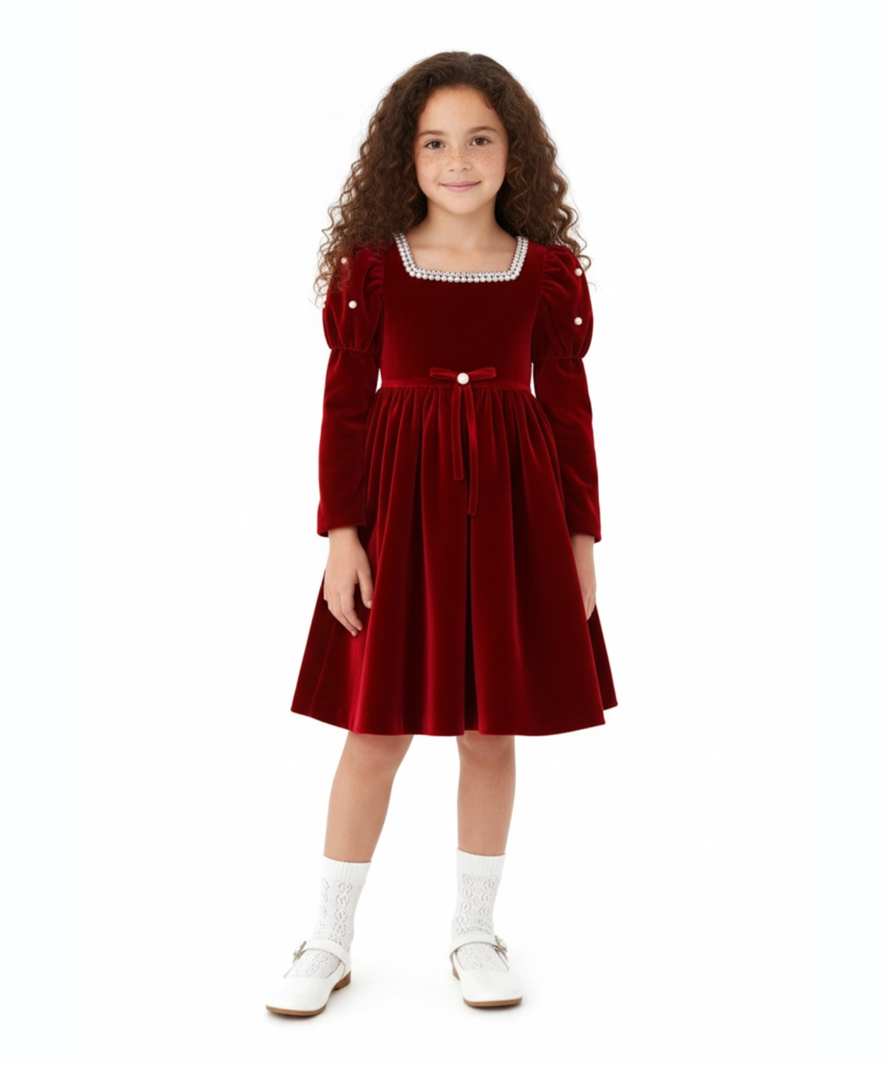 Party Dress With Pearl-Trimmed Neckline And Puffed Sleeves