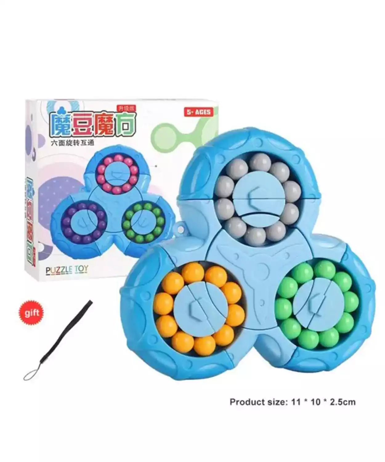 2-In-1 Triangle Rotating Puzzle & Spinner Magic Bean Fingertip Toy- Blue