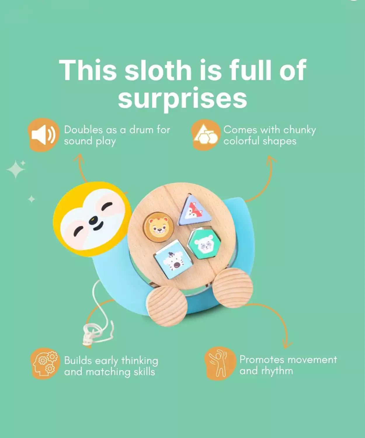 Wooden Rolling Sloth With Shape Sorter For Kids