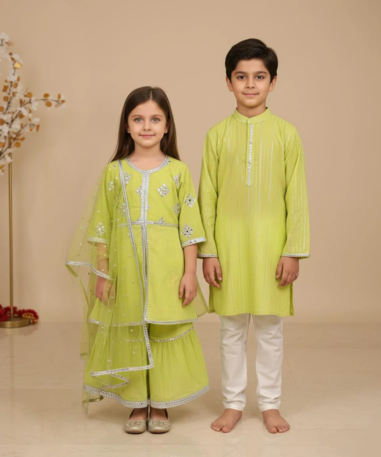 Cotton Lurex Kurta With Faux Mirror Lace Paired With Glaze Cotton Pyjama