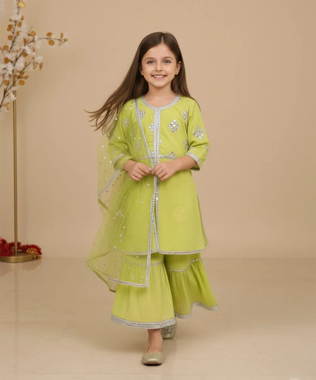 Cotton Emb Kurta With Mulmul Cotton Sharara Detailed With Lace Emblishments