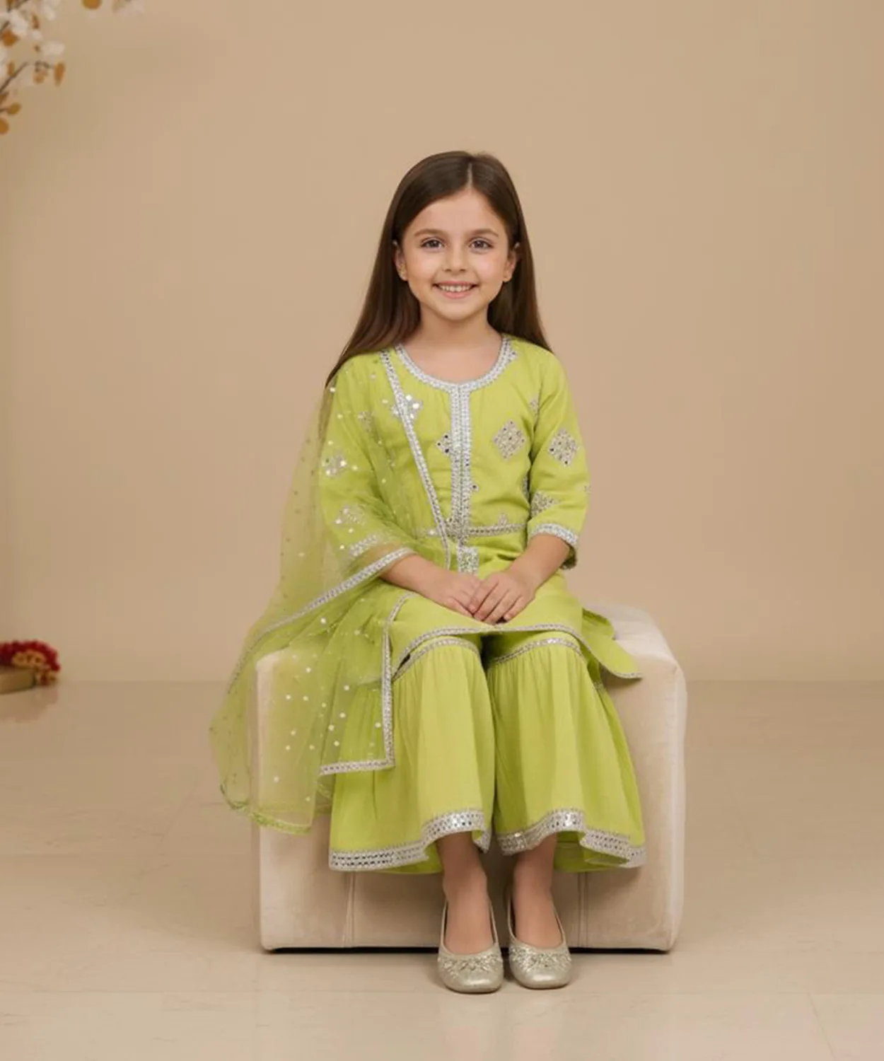 Cotton Emb Kurta With Mulmul Cotton Sharara Detailed With Lace Emblishments