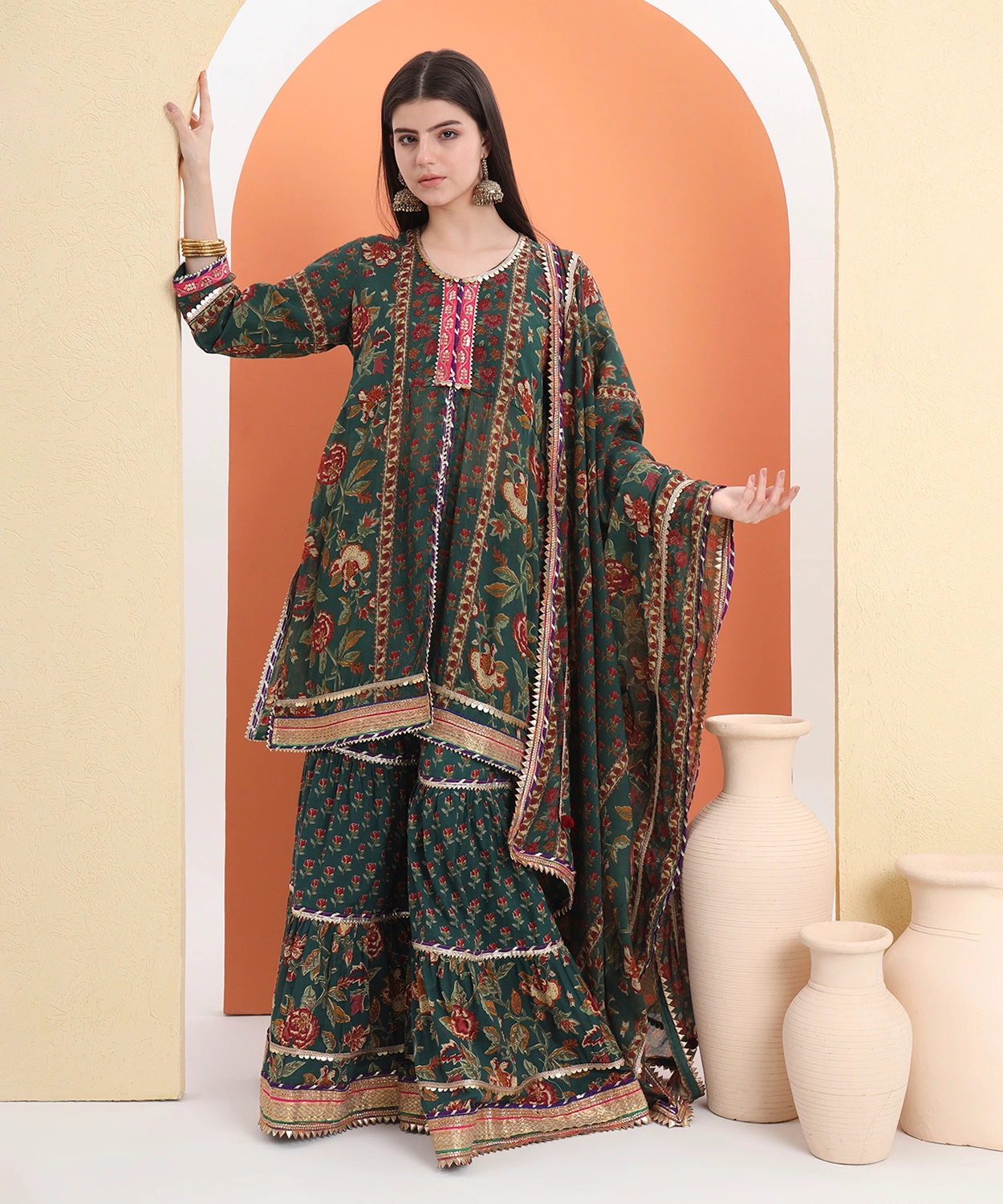 Block Printed Kurta And Sharara Paired With Mulmul Dupatta