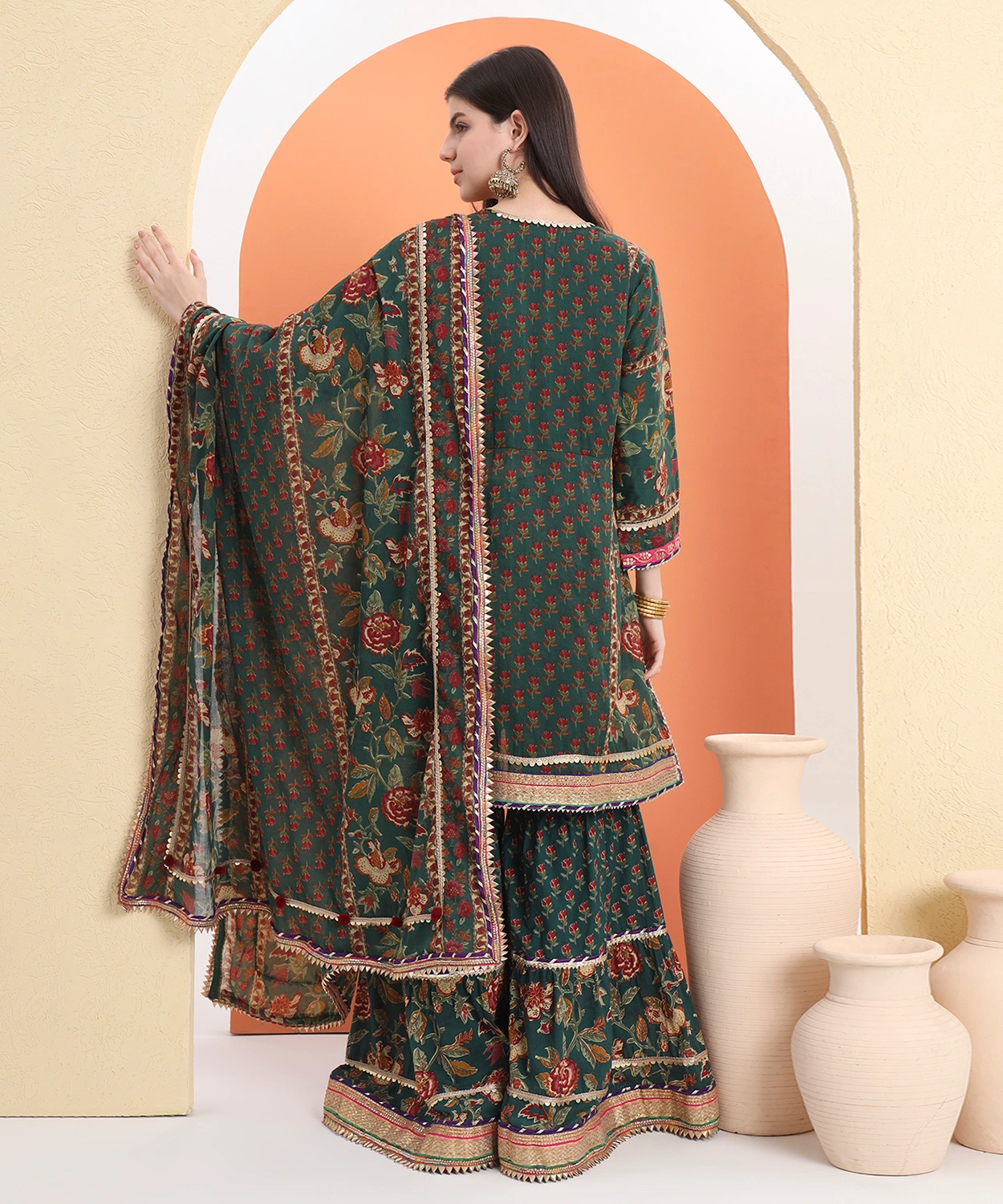 Block Printed Kurta And Sharara Paired With Mulmul Dupatta