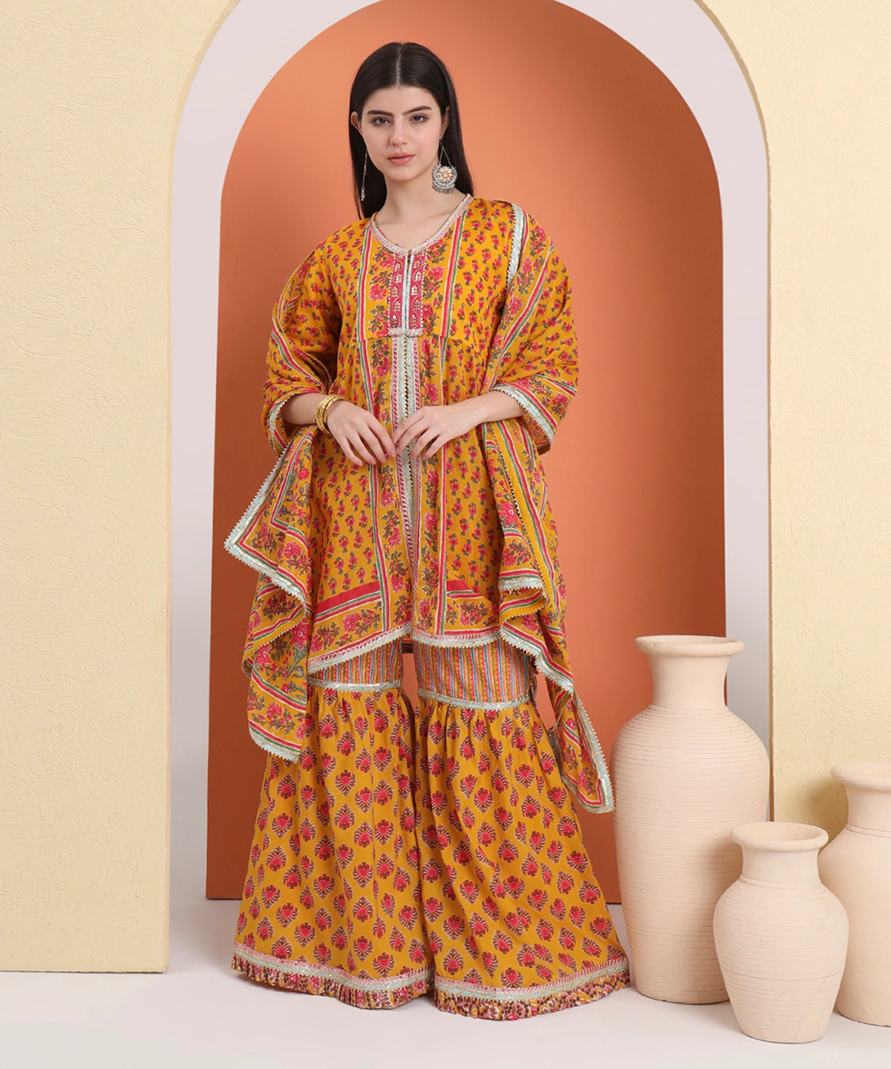 Block Printed Kurta And Sharara Paired With Mulmul Dupatta