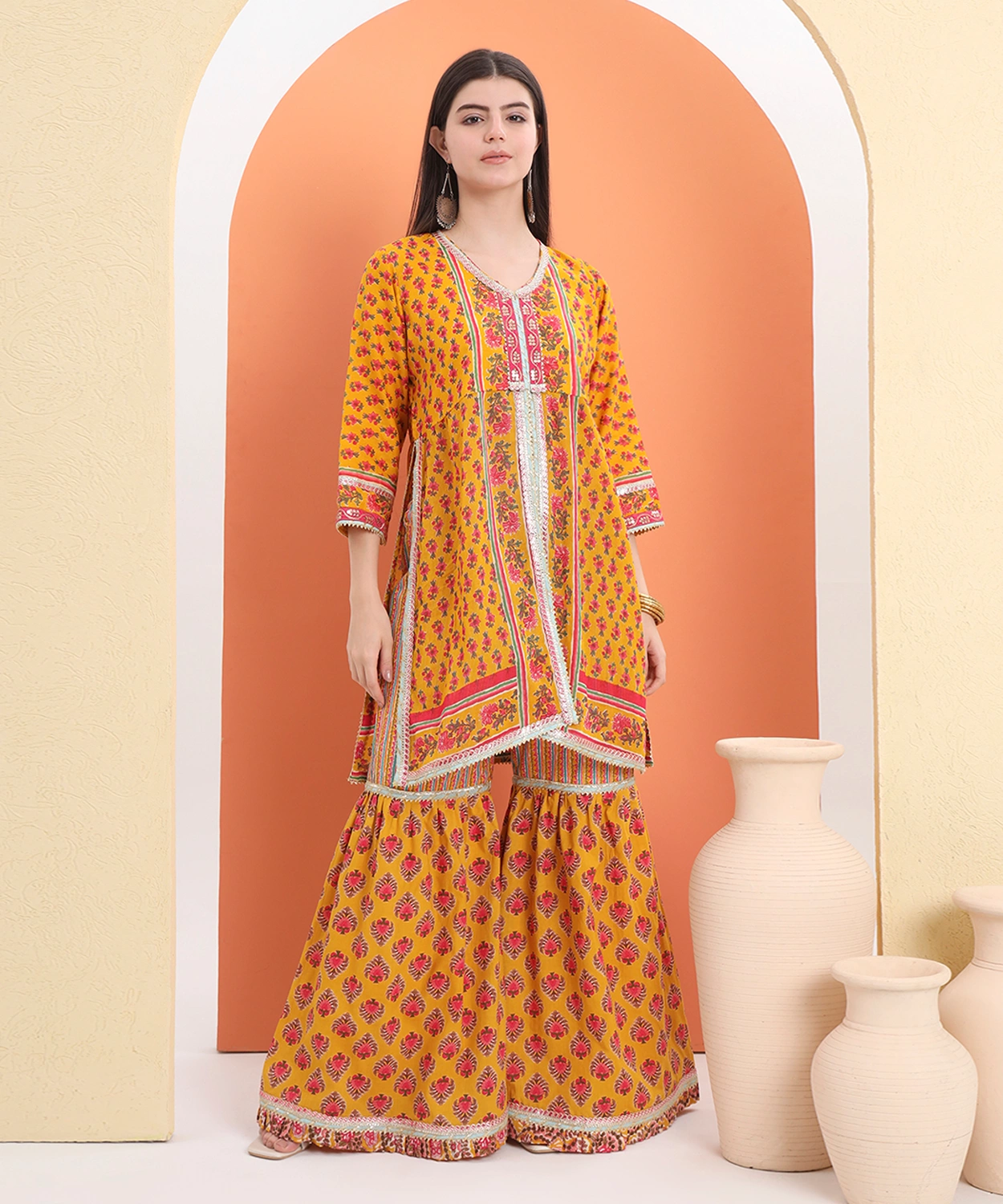 Block Printed Kurta And Sharara Paired With Mulmul Dupatta