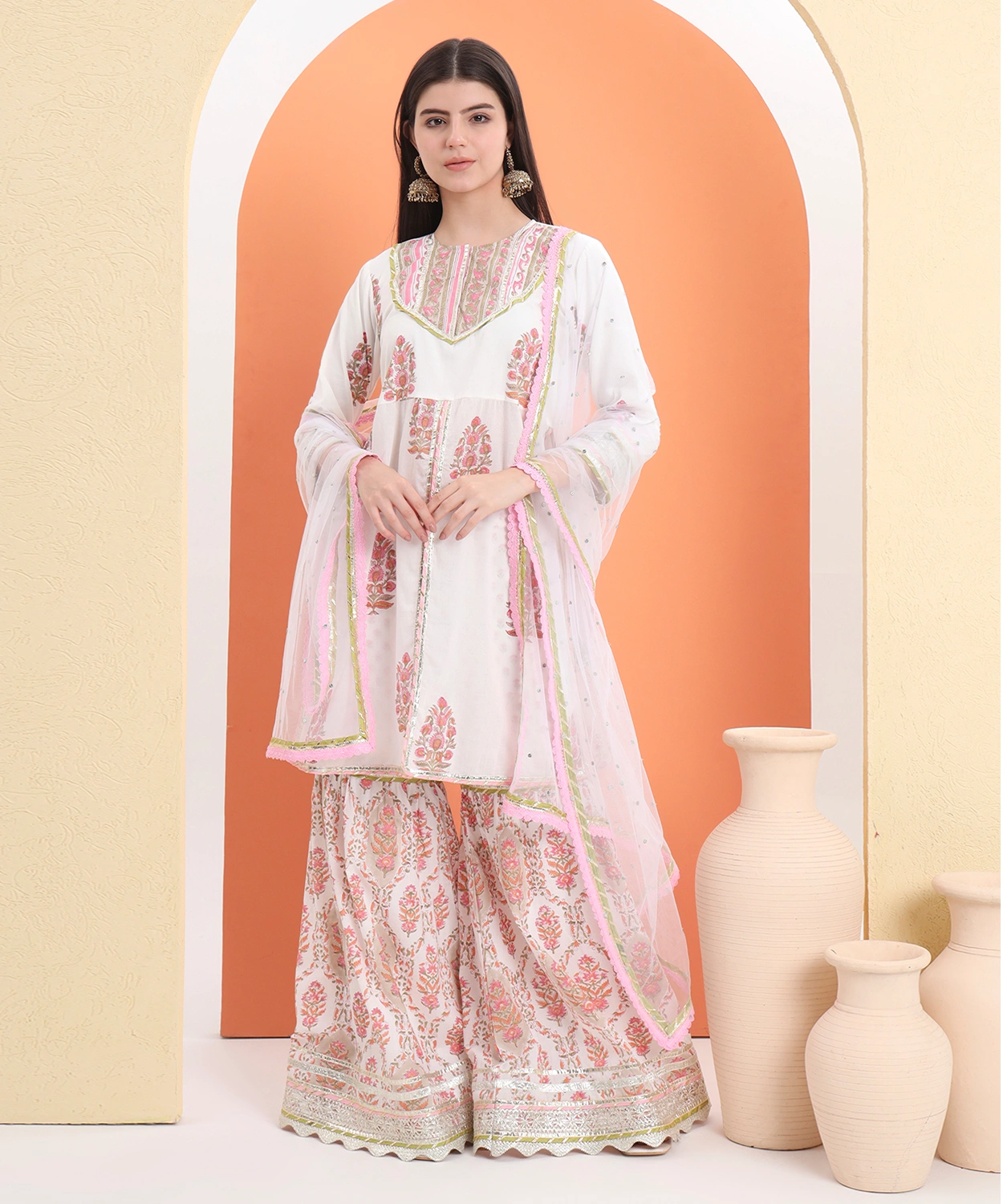 Block Printed Kurta And Sharara Paired With Soft Net Dupatta