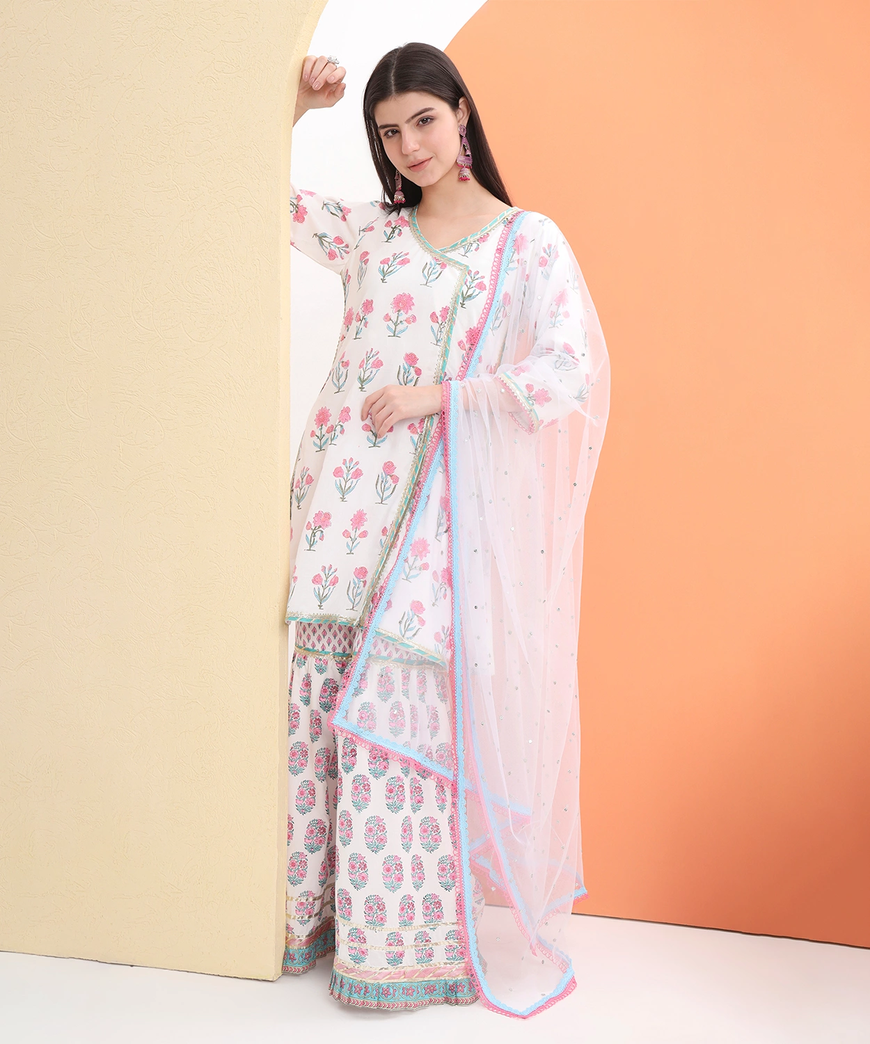 Block Printed Kurta And Sharara Paired With Soft Net Dupatta