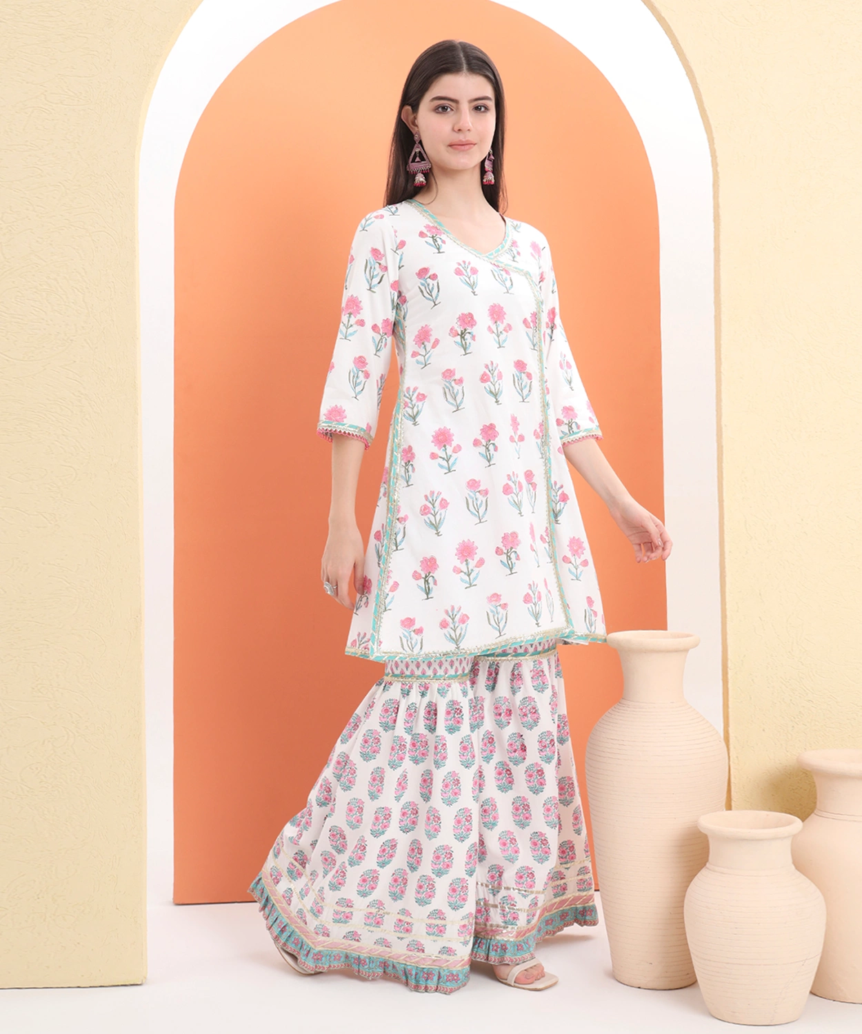 Block Printed Kurta And Sharara Paired With Soft Net Dupatta