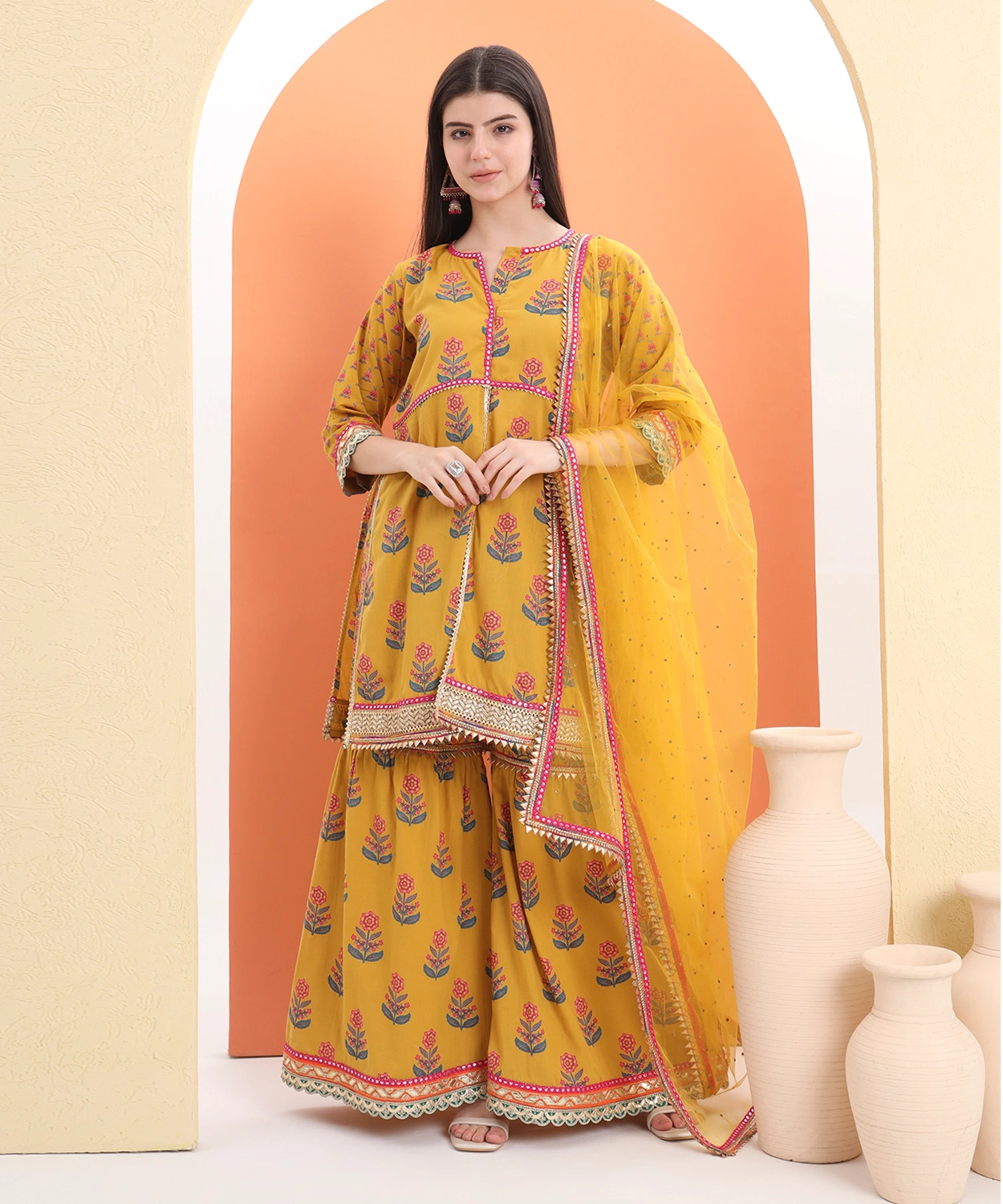 Block Printed Kurta And Sharara Paired With Mulmul Dupatta