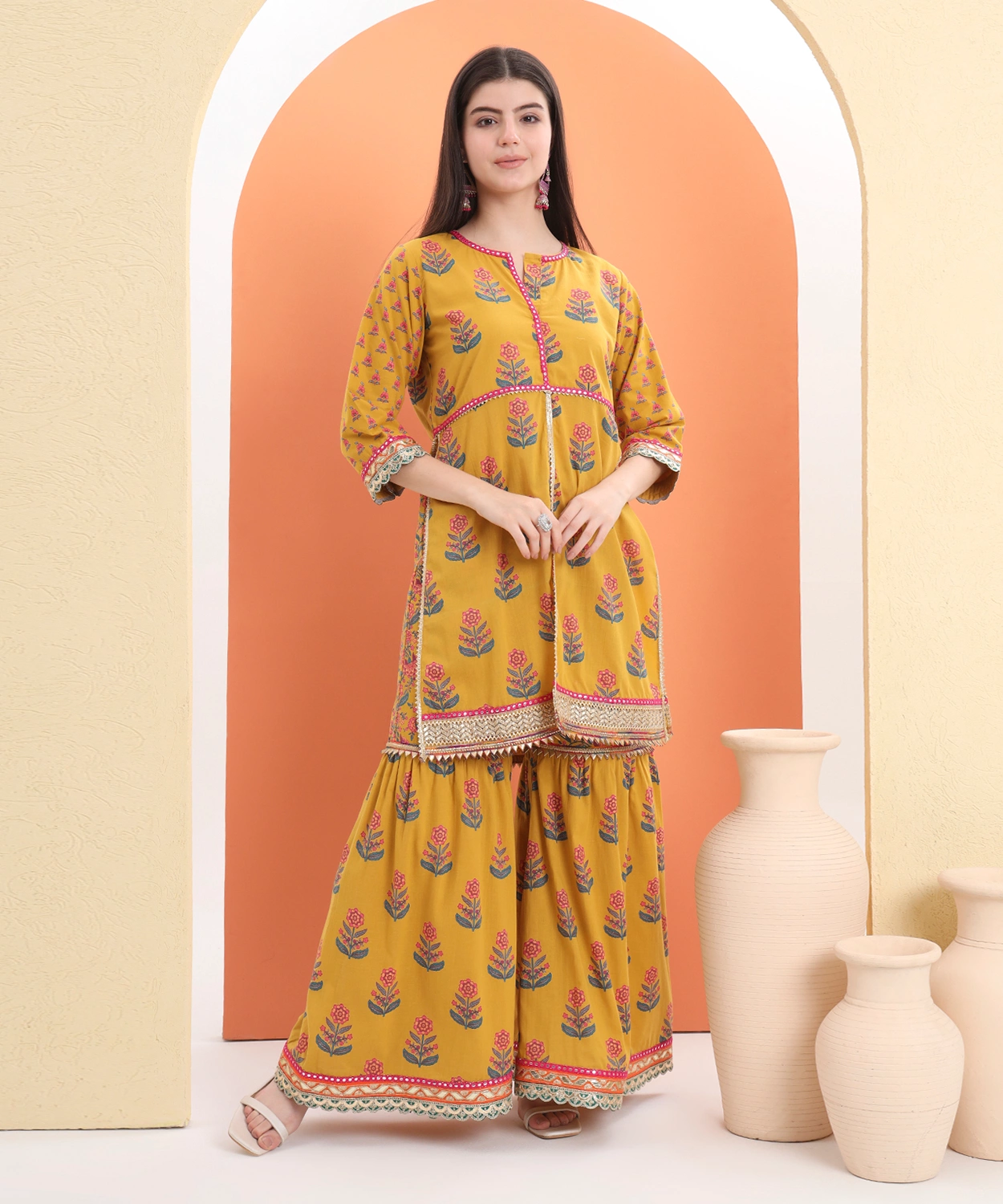 Block Printed Kurta And Sharara Paired With Mulmul Dupatta