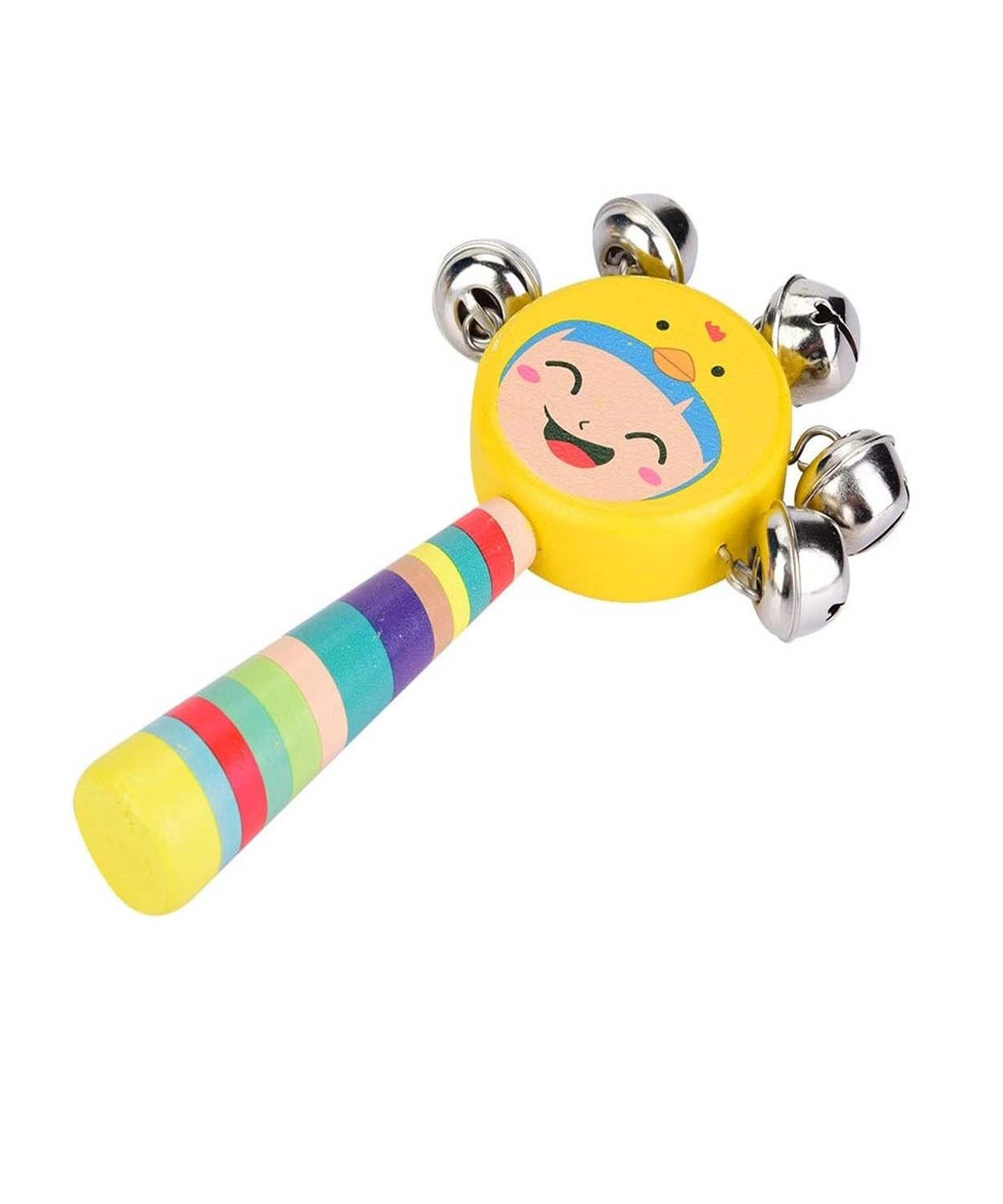 Pack of 2 Colourful Wooden Face Rattle Toy Rainbow Jingle Bells Sound Toy