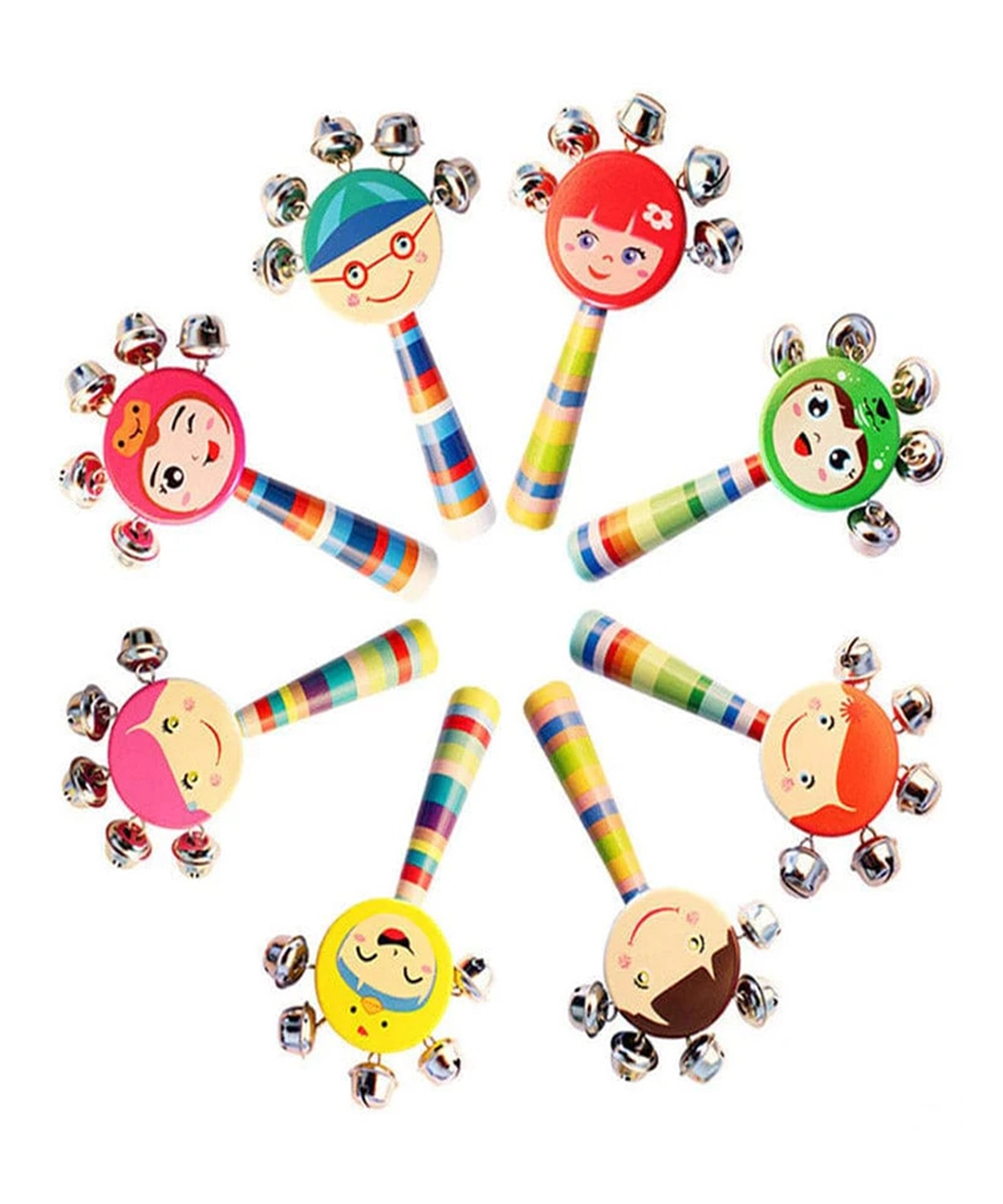 Pack of 2 Colourful Wooden Face Rattle Toy Rainbow Jingle Bells Sound Toy