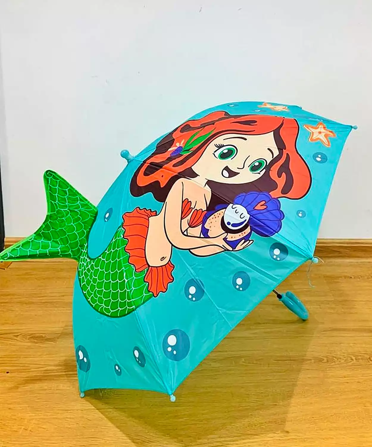 3D Design Ariel Mermaid Printed Sea Green 1 Folded Whistle Umbrella