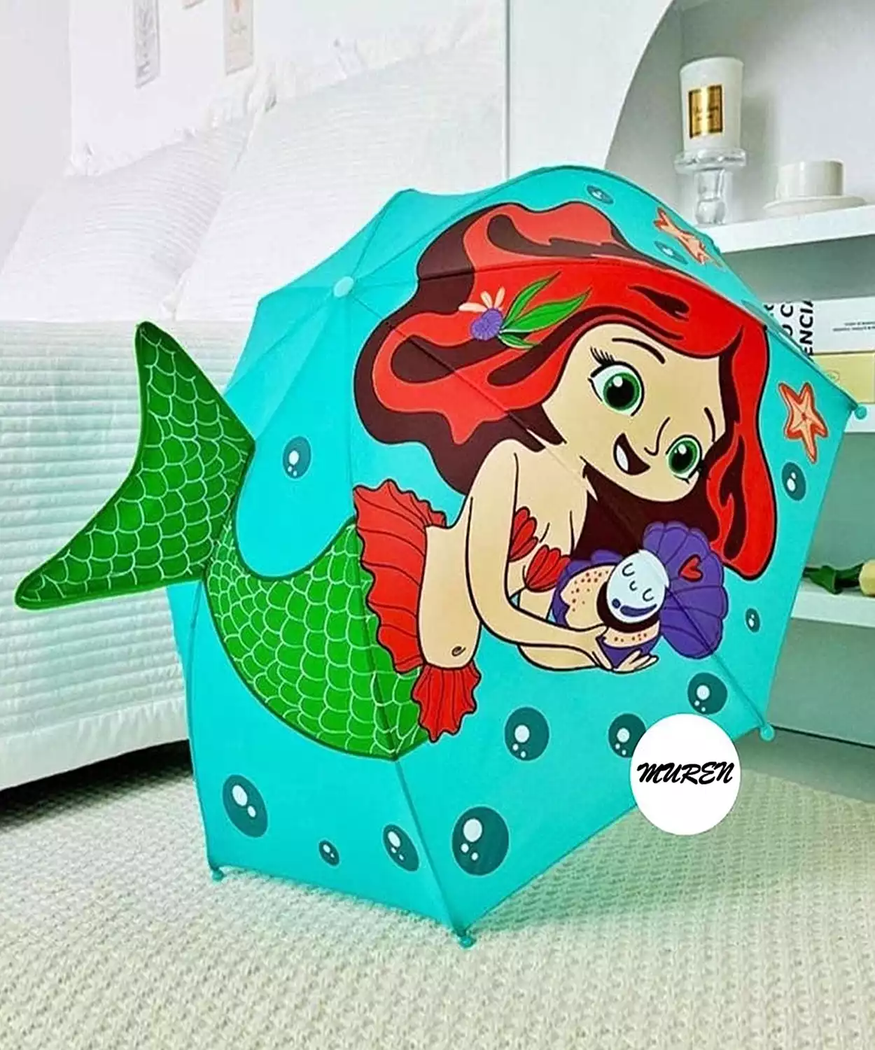 3D Design Ariel Mermaid Printed Sea Green 1 Folded Whistle Umbrella