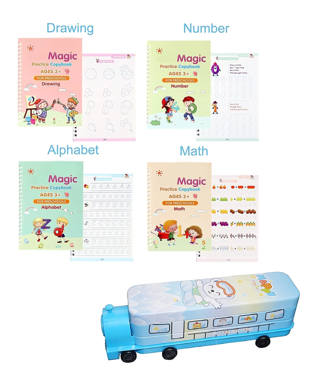 Reusable Sank Practice Books 4 Pcs Ink Magic Pen Refills & Bus Pencil Box Attached Sharpener