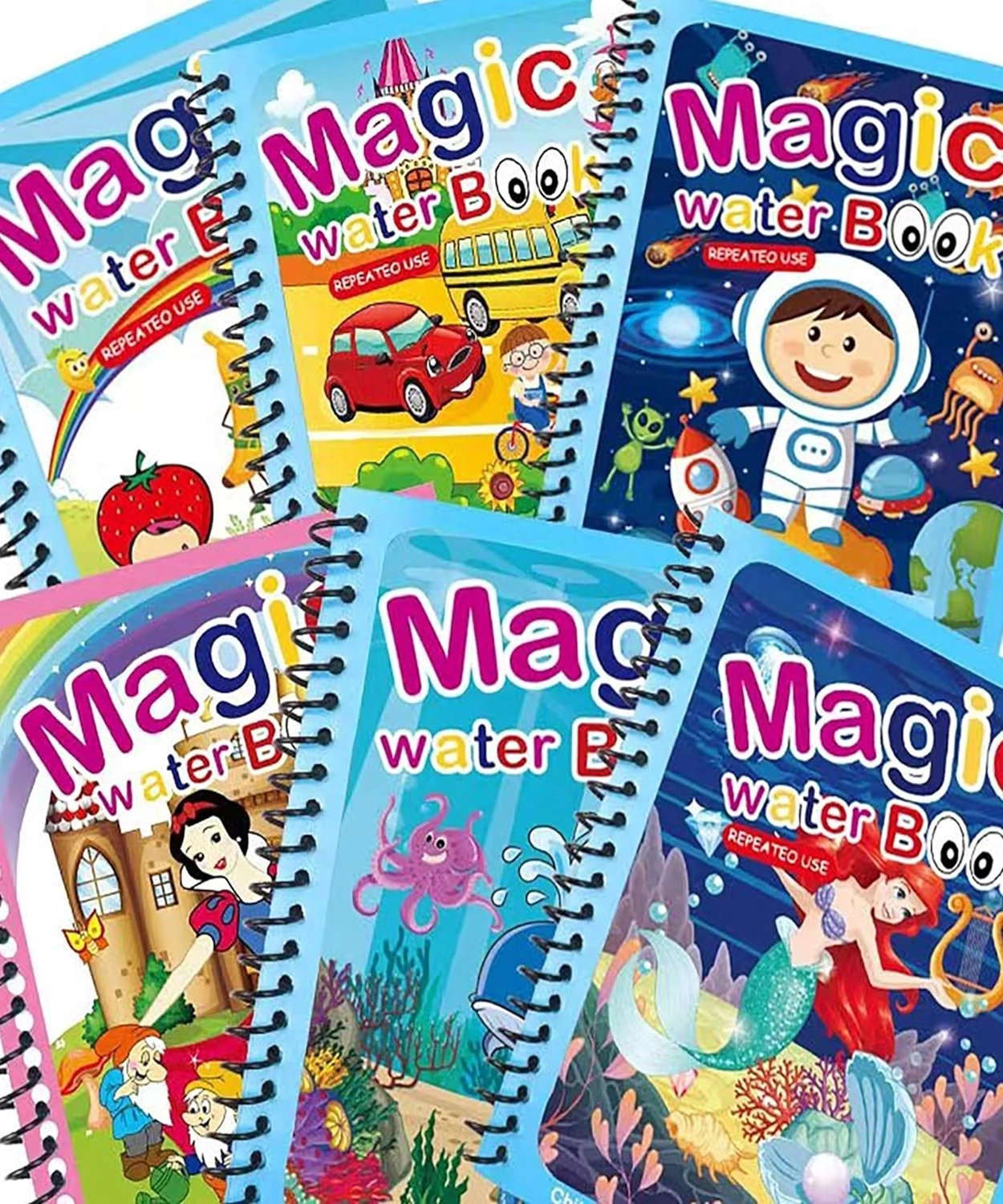 Magic Water Coloring Books Set of 6 Pcs reusable pages and a Refillable Water Pen