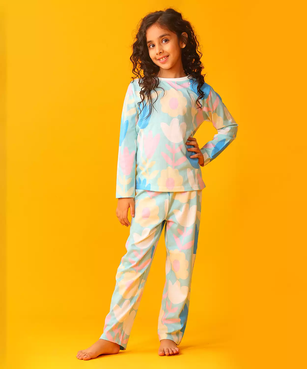 Aqua Flower Girls Long Sleeve Pyjama Set - Aqua
